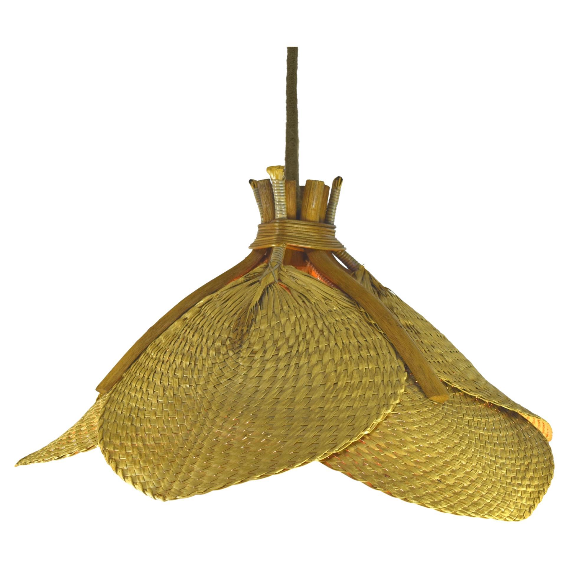 Uchiwa Mid-Century Pendant Chandelier in Style of Ingo Maurer, 1960s Wicker Art