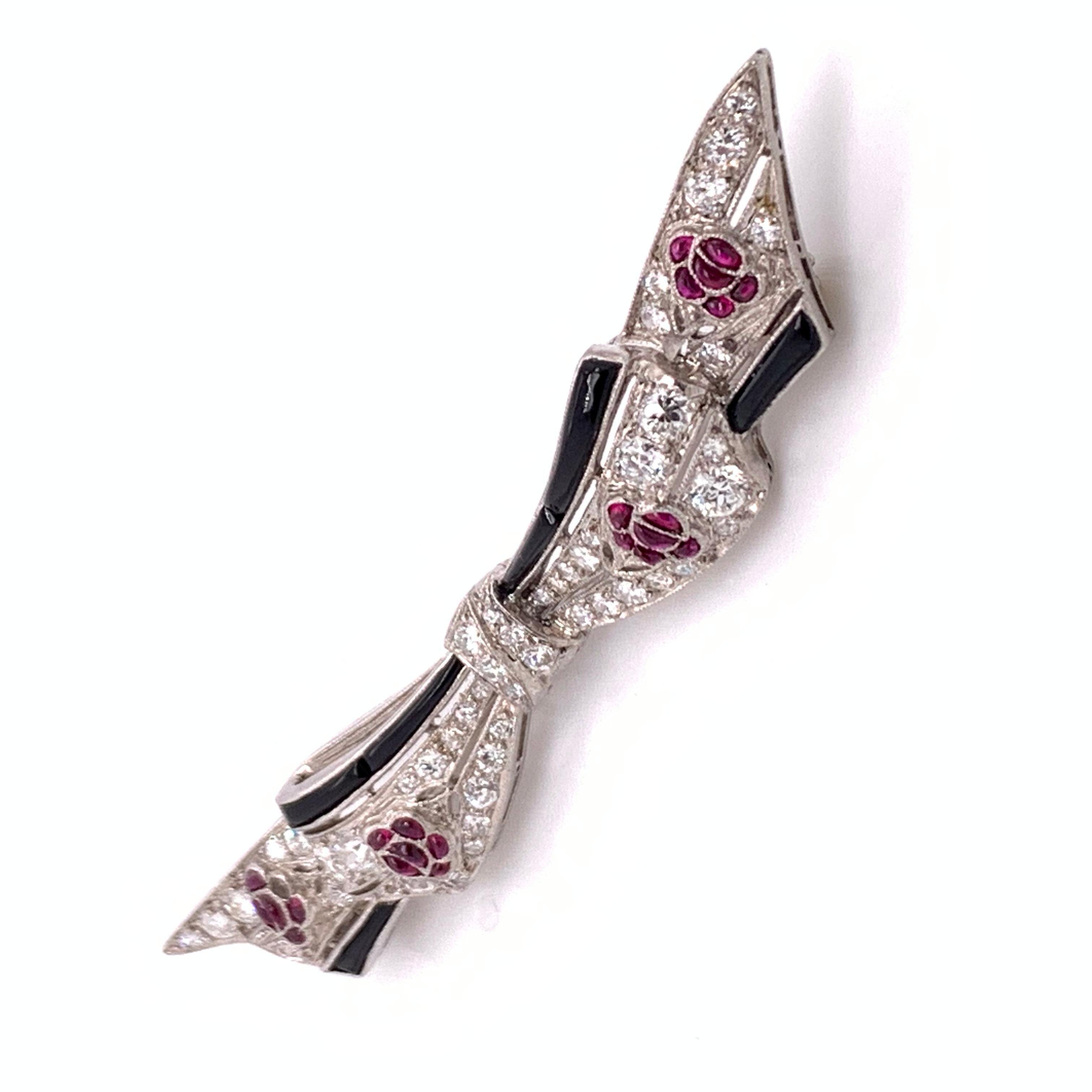 Udall & Ballou Diamond, Ruby and Black Onyx Bow Brooch In Good Condition In London, GB