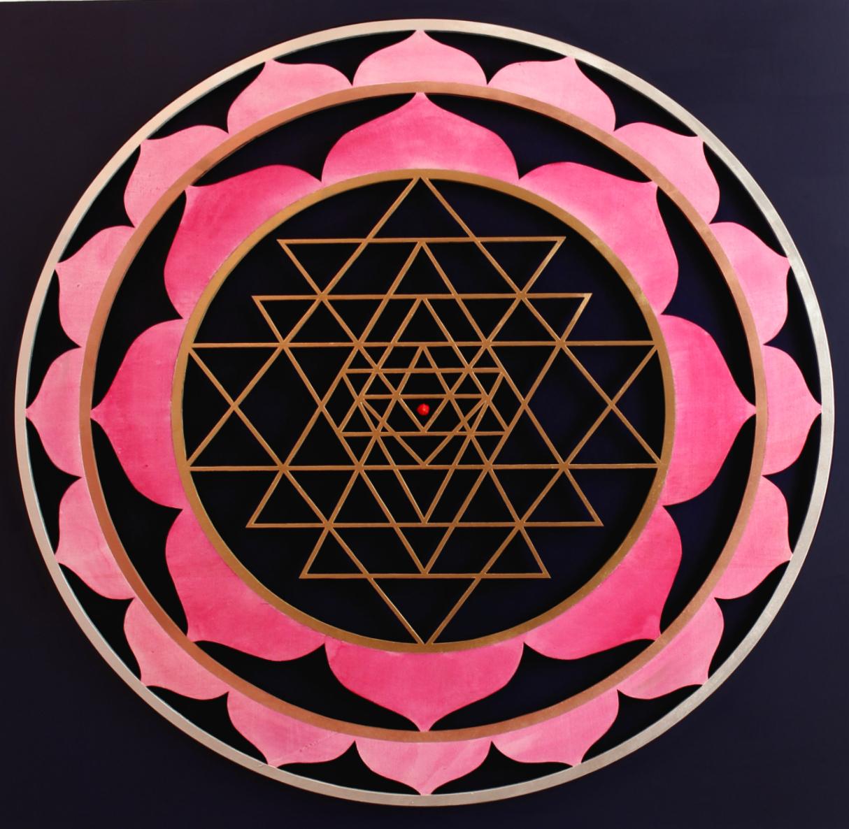 Three-dimensional wood work, with acrylic paint by Udo Haderlein, 2015. Ready to hang. This is a very fine example of his work with sacred geometry. It comes directly from the studio of the artist. Dimensions are: 66.54 x 66.54 in ( 169 x 169 cm