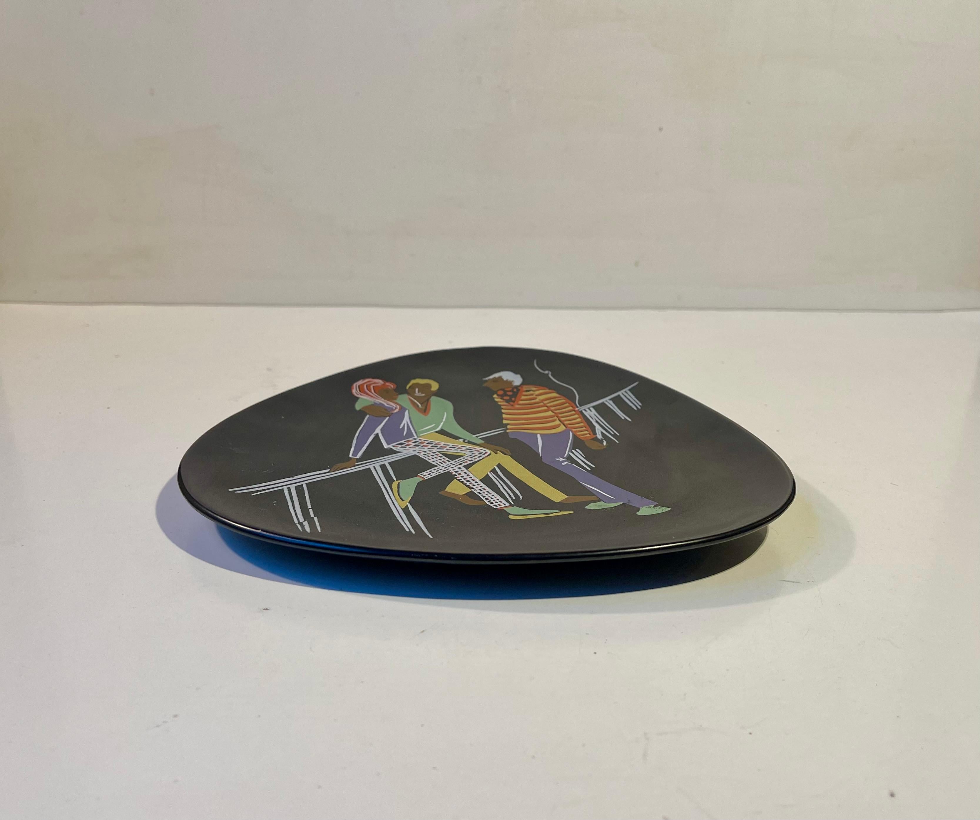 Glazed Üebelacker Keramik Black 'Boheme Fashionistas' Dish, Germany 1960s For Sale