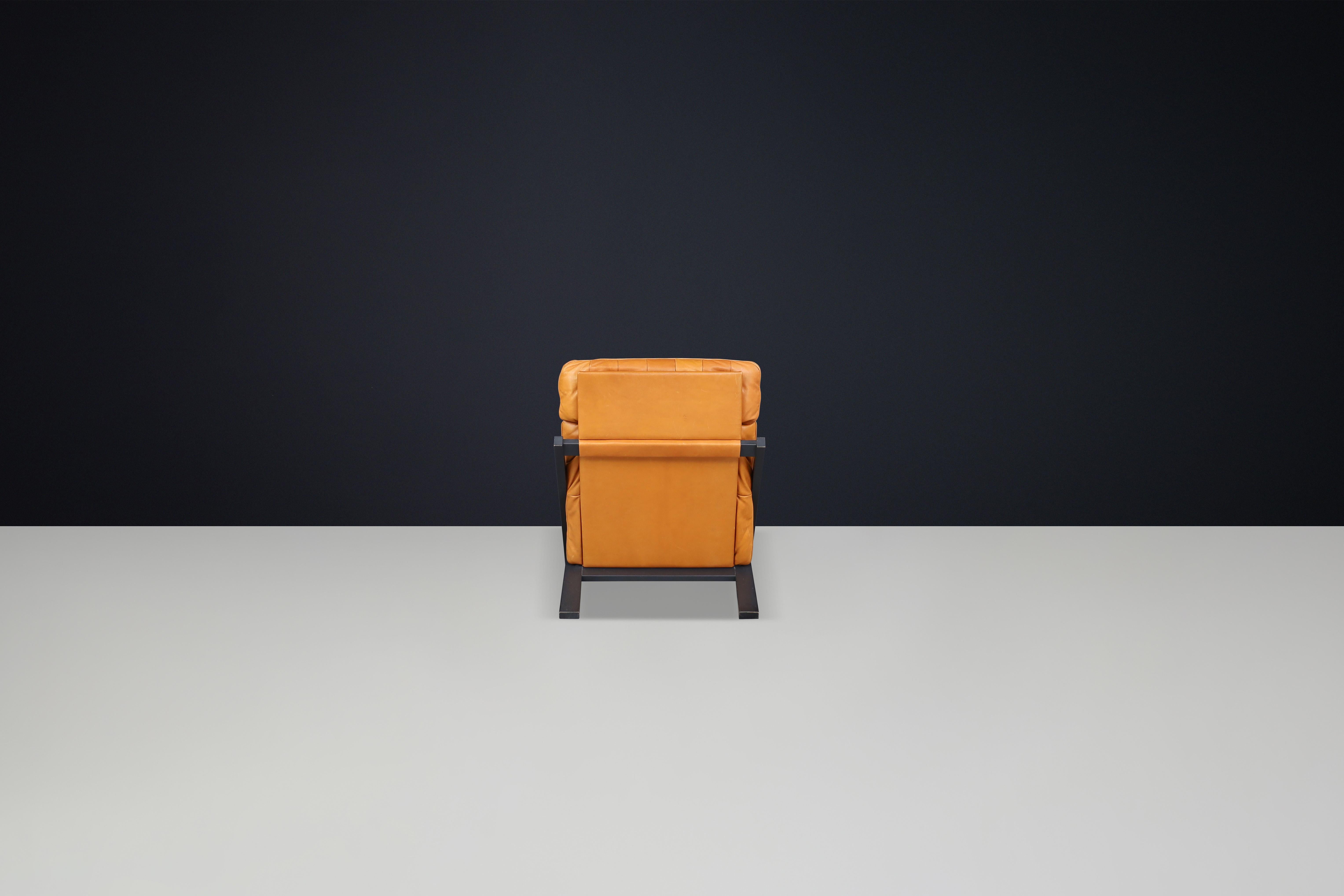 Mid-Century Modern Ueli Berger for De Sede, lounge chair, wood, Cognac leather, Switzerland, 1970s. For Sale