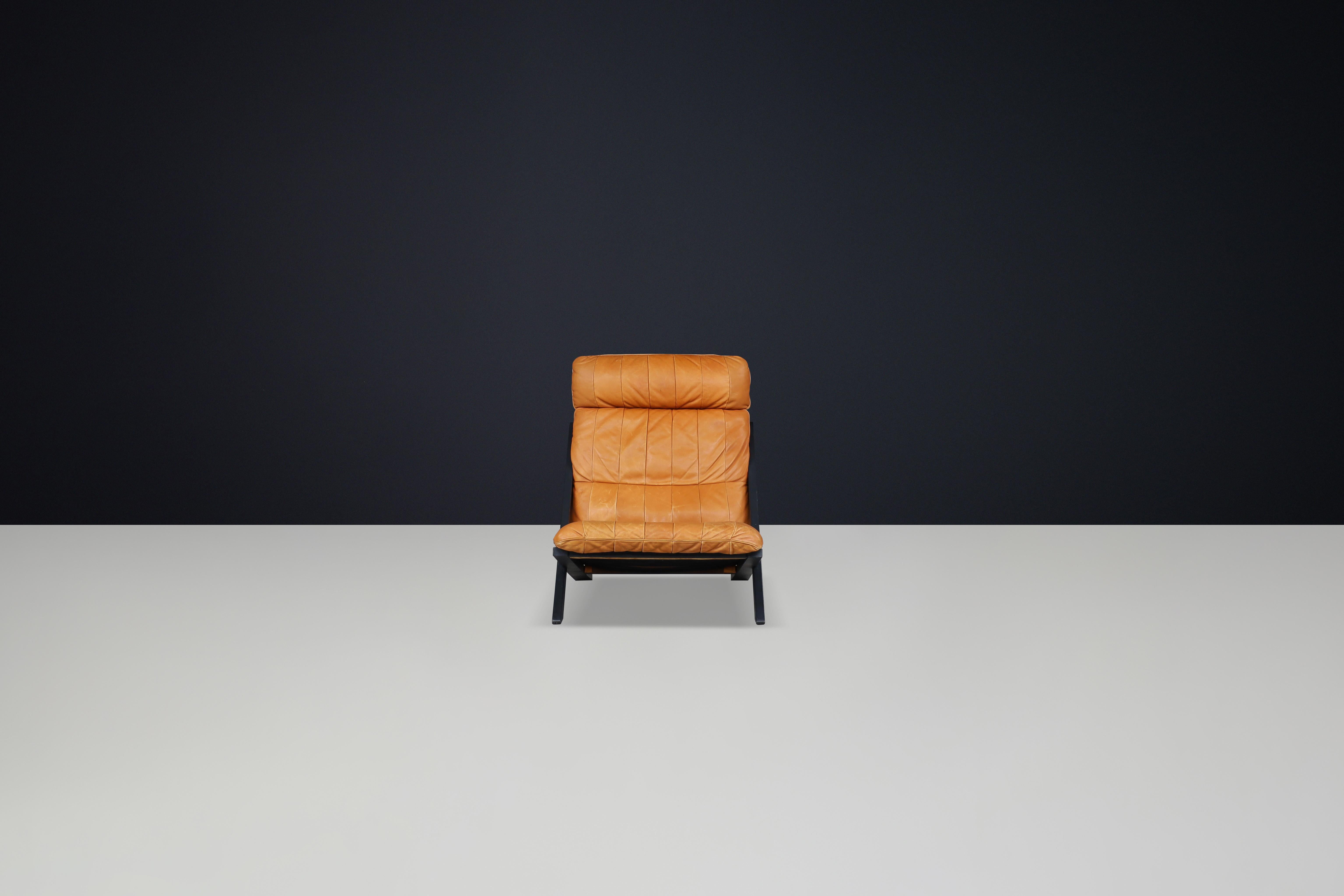 Swiss Ueli Berger for De Sede, lounge chair, wood, Cognac leather, Switzerland, 1970s. For Sale