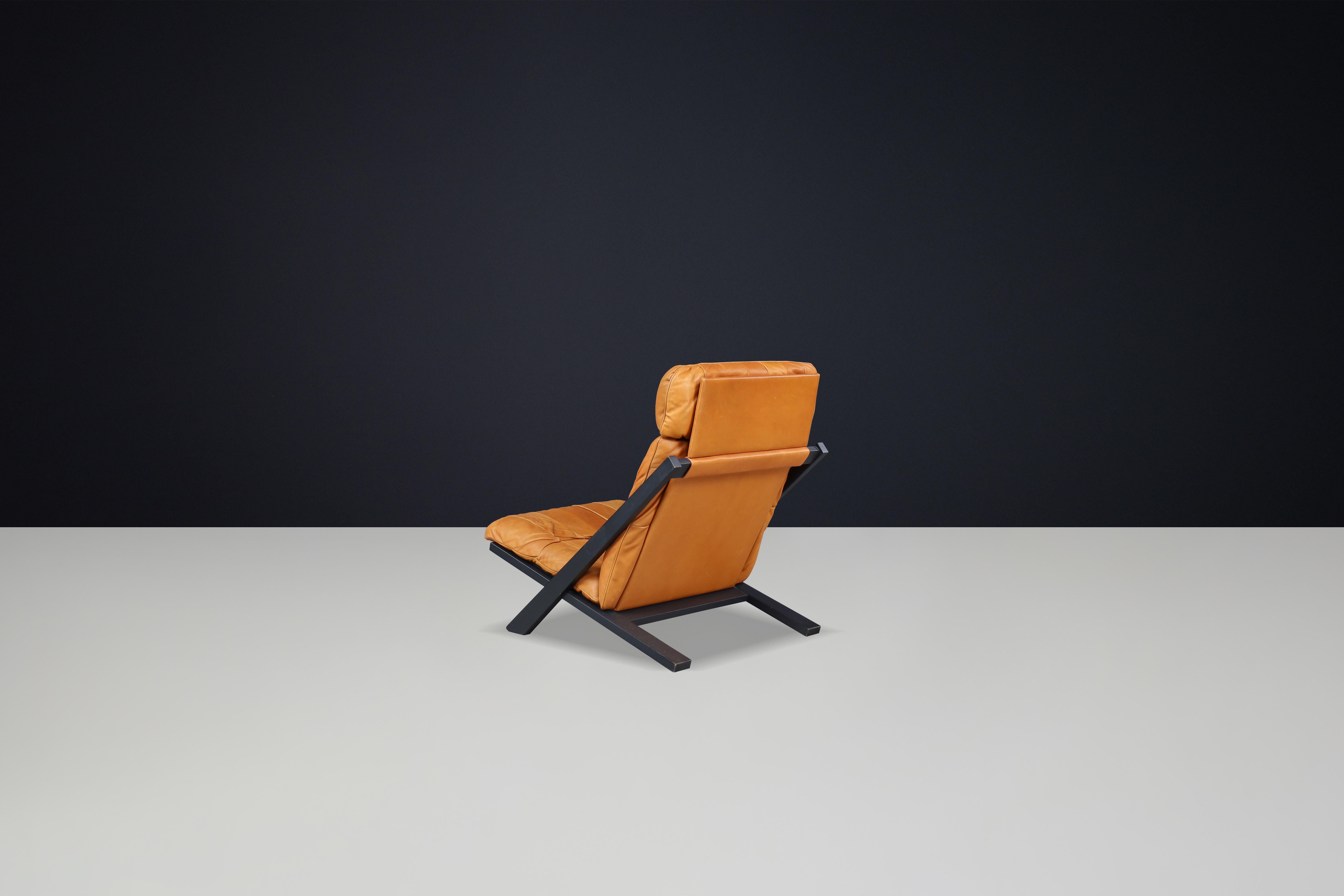 Ueli Berger for De Sede, lounge chair, wood, Cognac leather, Switzerland, 1970s. For Sale 1