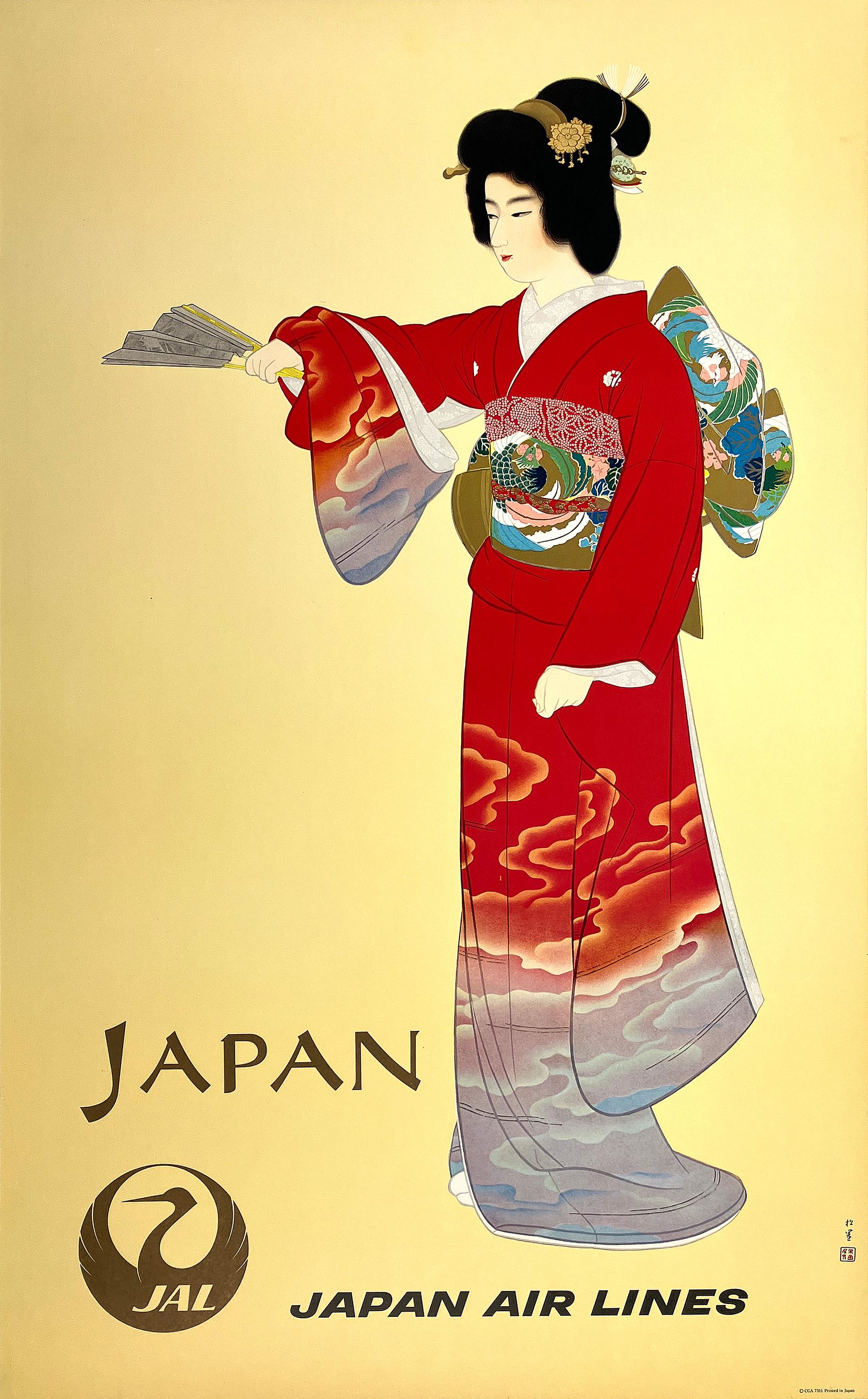 Original Vintage Japan air Lines Red Kimono on Yellow Poster by Uemera Shoen C19