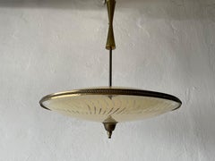 Ufo Design Brass Body & Printed Glass Large Ceiling Lamp, 1950s, Italy