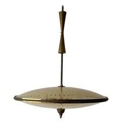 Ufo Design Brass Body & Printed Glass Large Ceiling Lamp, 1950s, Italy