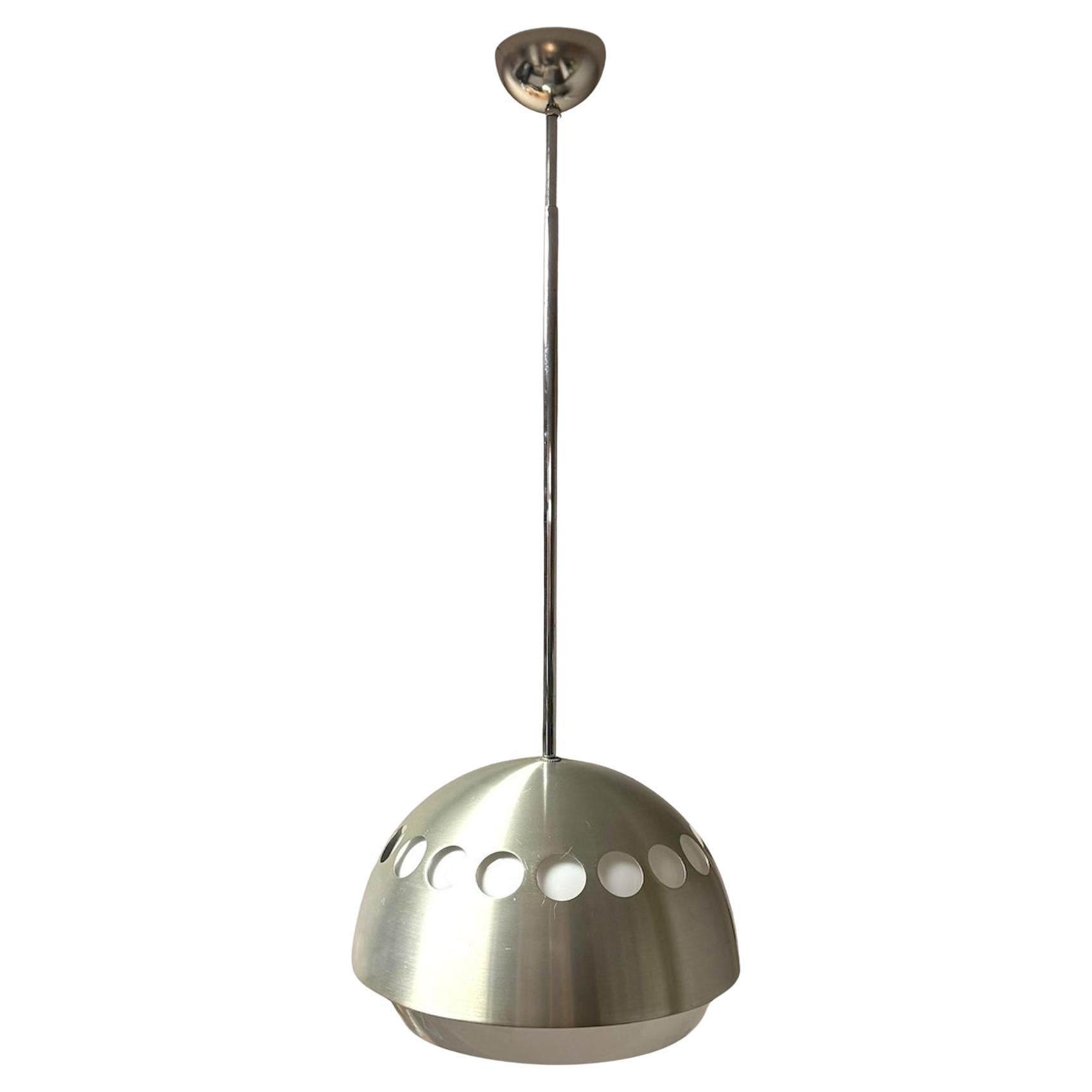 Lampe suspendue UFO des années 70, métal brossé et abat-jour translucide de l'ère spatiale