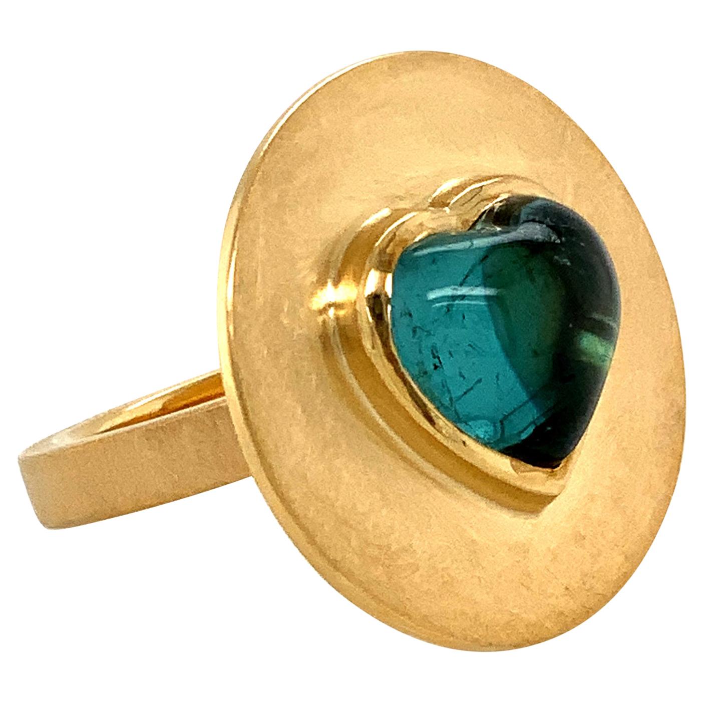 Georg Spreng - Ufo Ring 18 Karat Yellow Gold with Heart Blue Green Tourmaline For Sale