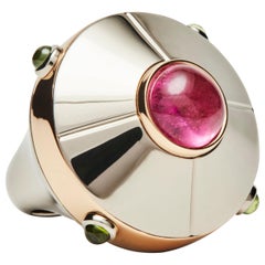 UFO Ring, 18k White and Rose Gold Cocktail Ring Set with Tourmaline Cabochons