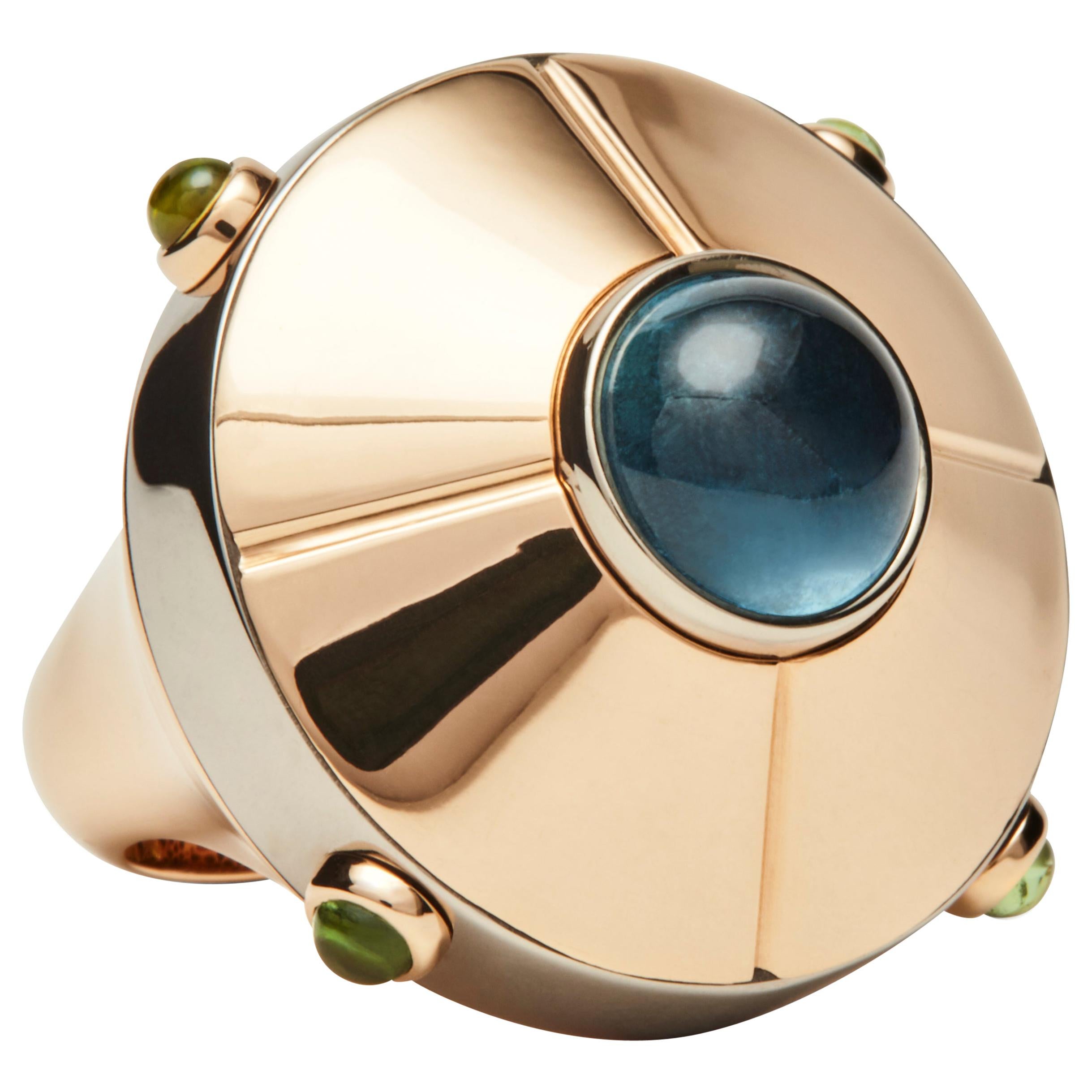 UFO Ring, 18k White and Rose Gold Cocktail Ring Set with Tourmaline Cabochons For Sale