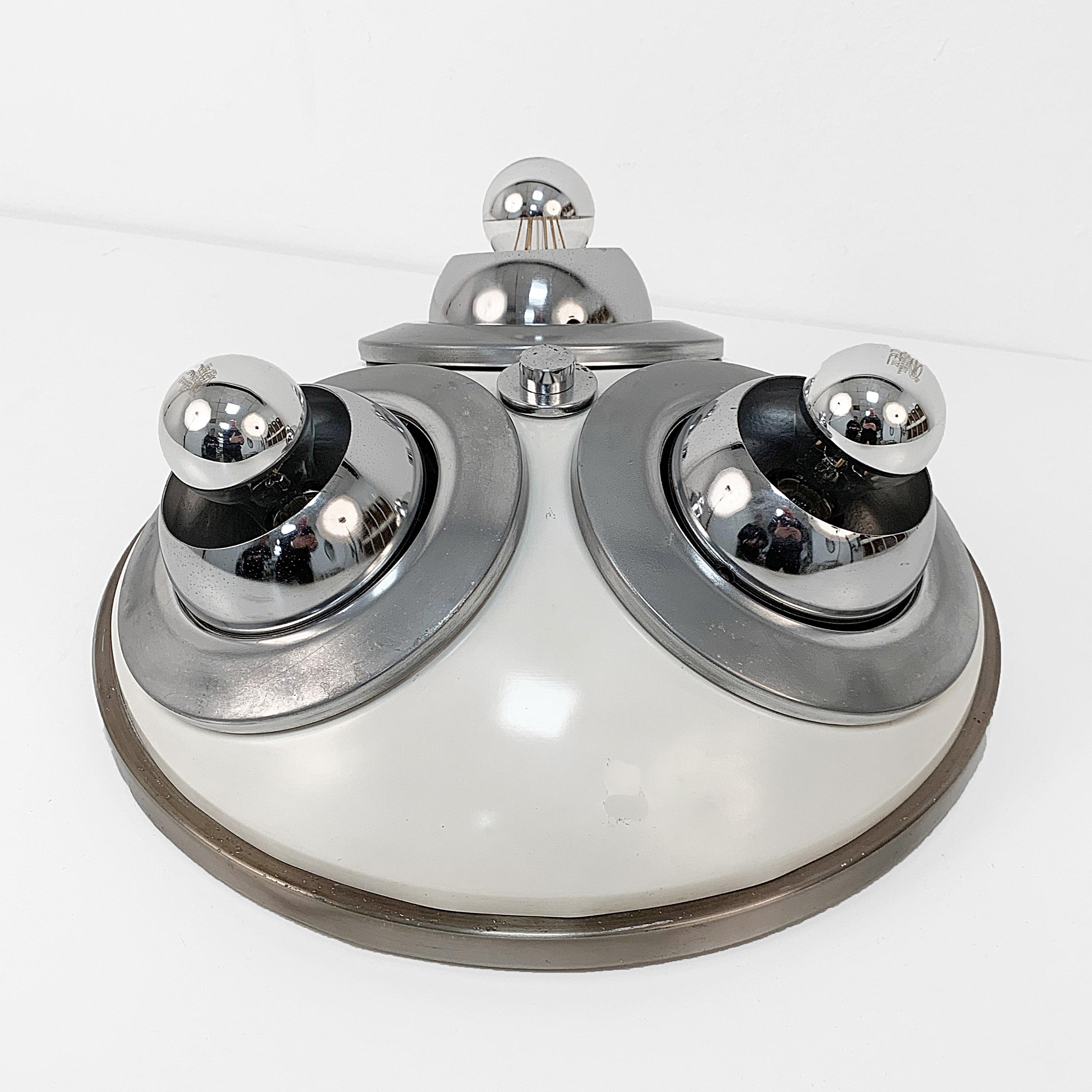 20th Century UFO Space Age Large Wall or Ceiling Lamp, Chrome and White, Italy, 1960s