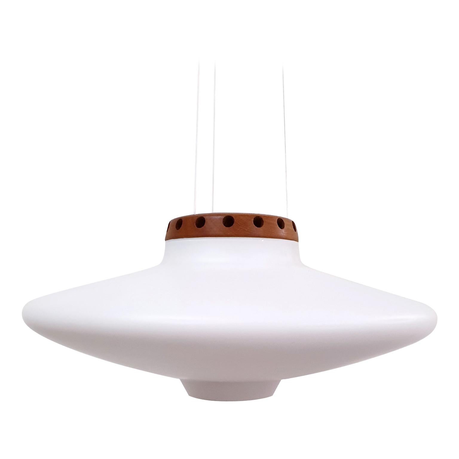 "Ufo" Uno & Östen Kristiansson Wooden and Opaline Glass Pendant for Luxus, 1950s For Sale