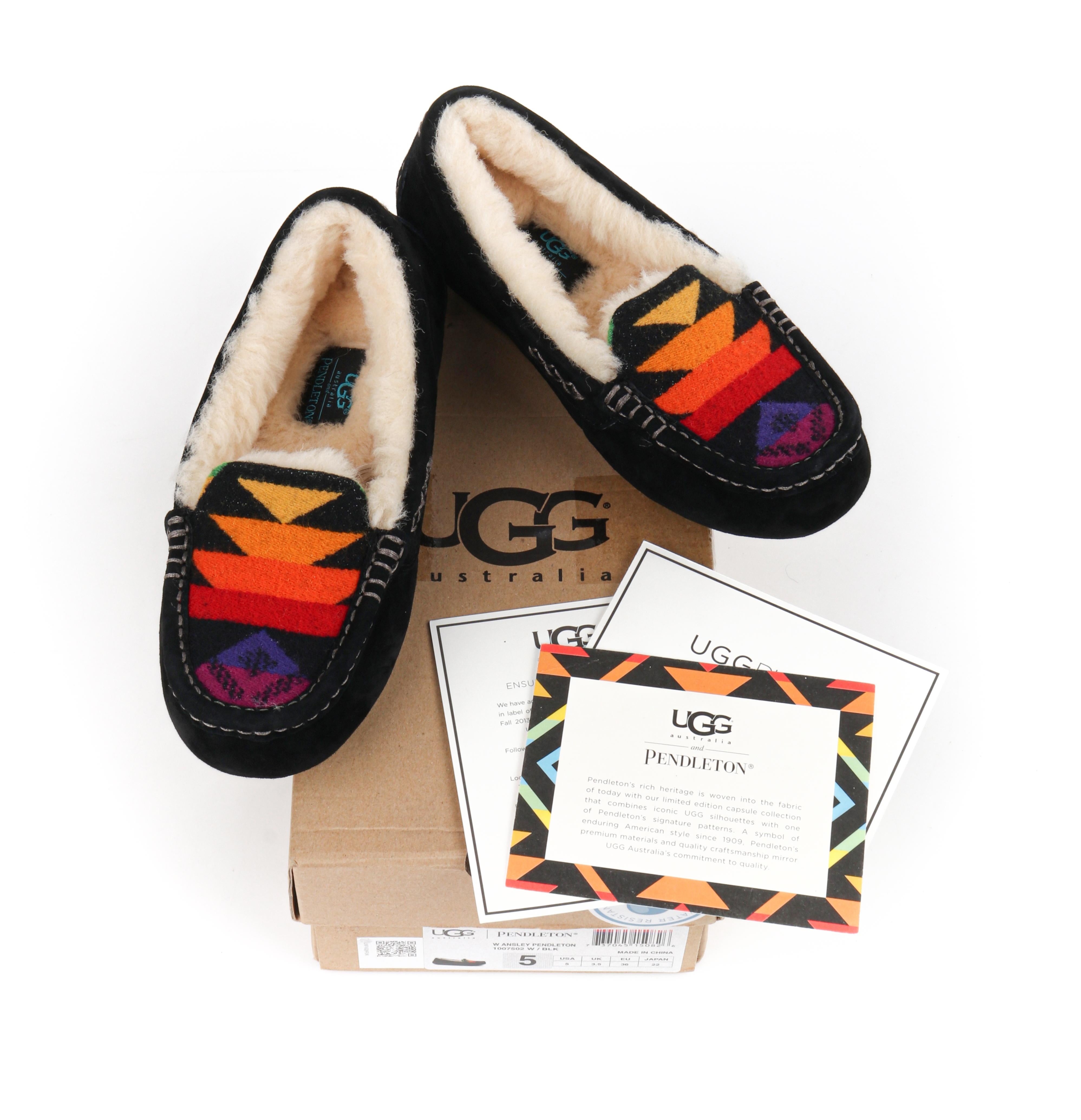 UGG AUSTRALIA Pendleton 2014 Rainbow Black Suede Wool Print Moccasin Slippers
 
Brand / Manufacturer: UGG Australia
Year: 2014
Collection: Pendleton Collaboration
Manufacturer Style Name: Ansley
Style: Moccasin Slipper
Color(s): Shades of tan, grey,