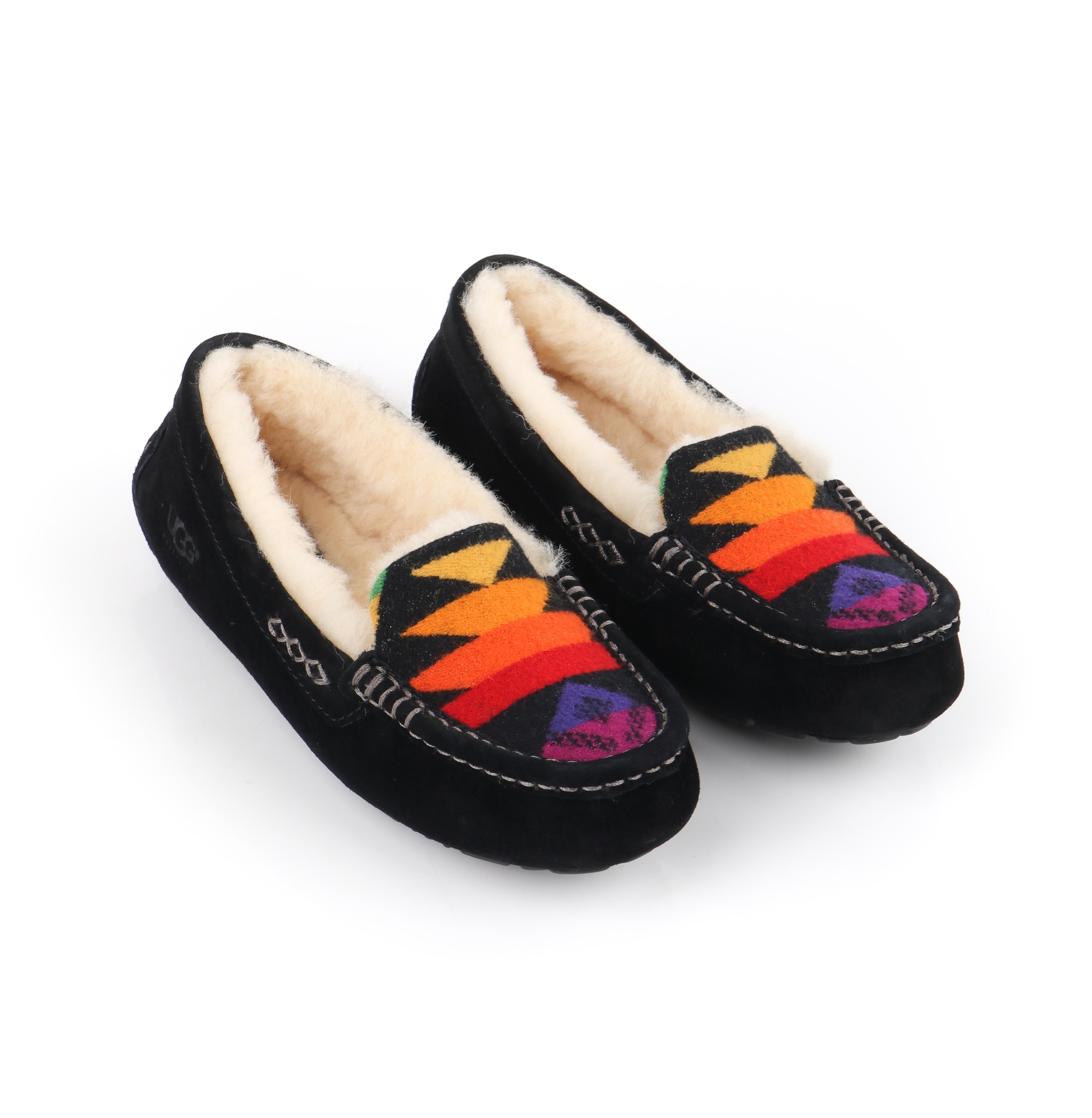 Women's UGG AUSTRALIA Pendleton 2014 Rainbow Black Suede Wool Print Moccasin Slippers For Sale
