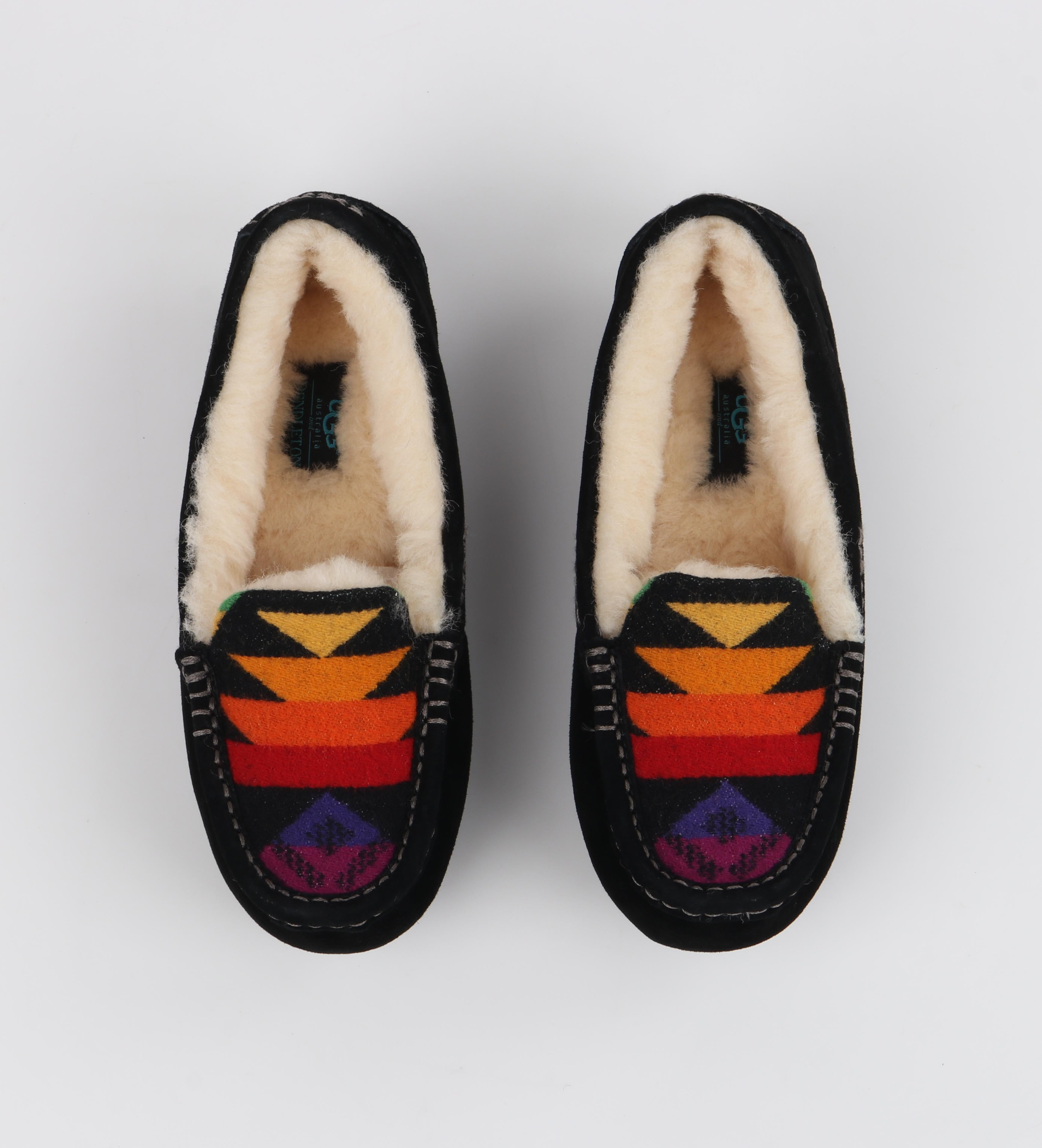 UGG AUSTRALIA Pendleton 2014 Rainbow Black Suede Wool Print Moccasin Slippers For Sale 2