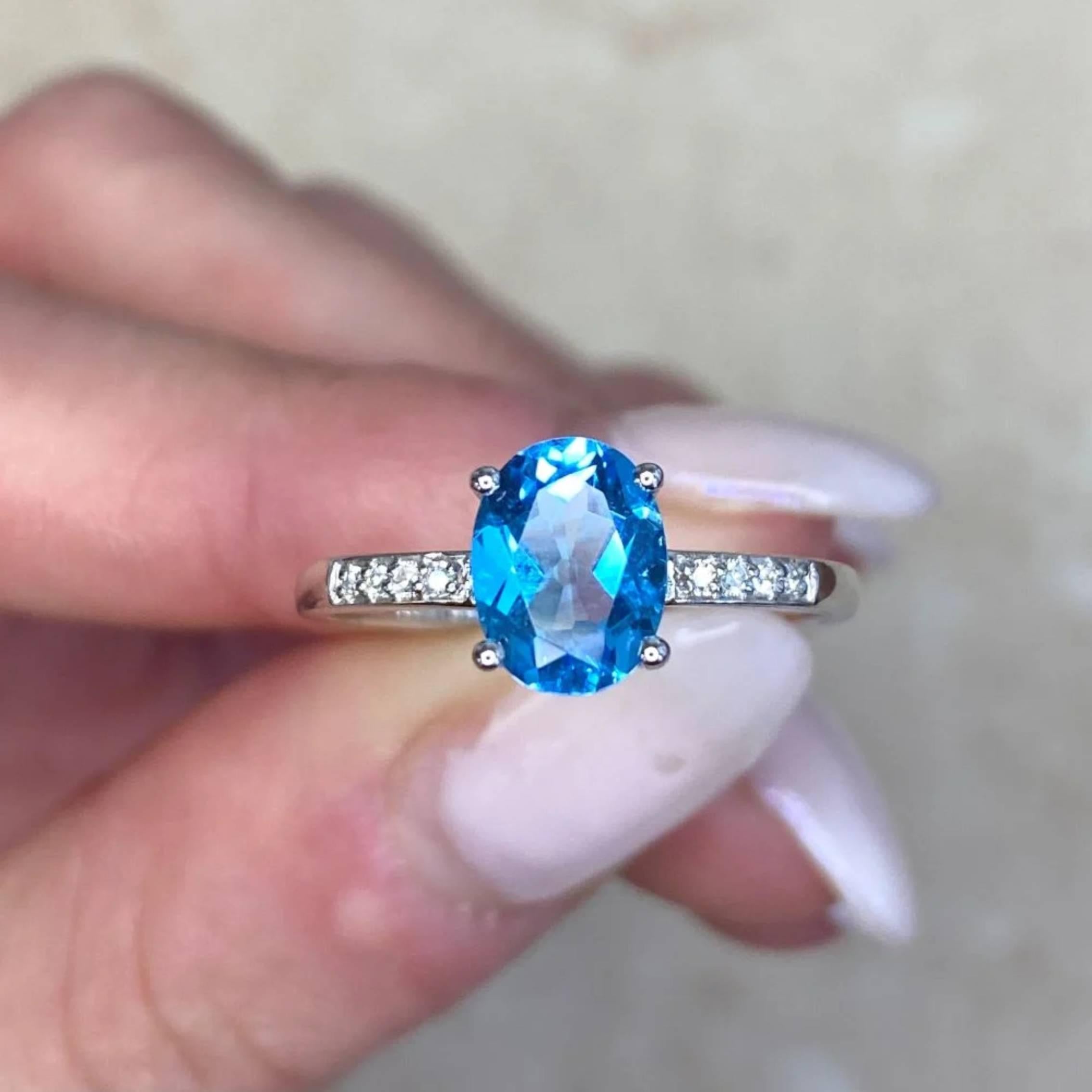 UGL 1.10ct Oval Cut Natural Blue Topaz Cocktail Ring, 14k White Gold For Sale 5