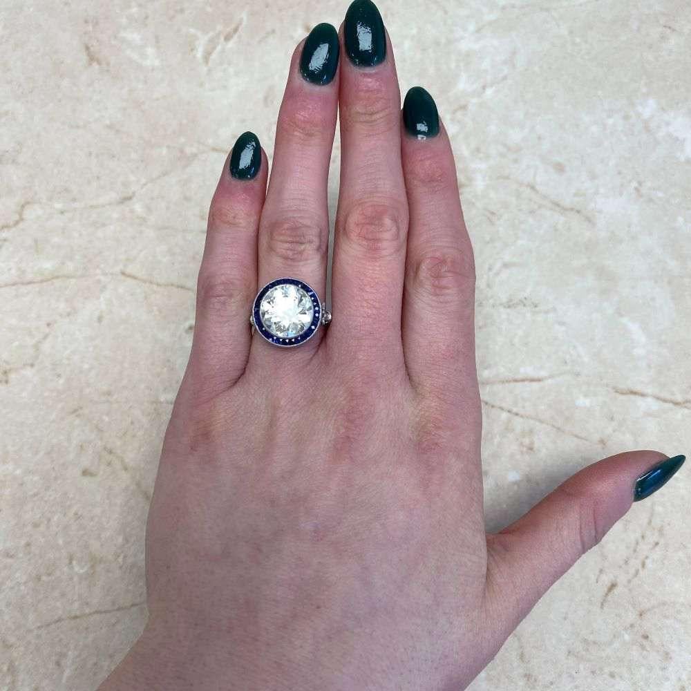 UGL 5.72ct Old European Cut Diamond Engagement Ring, Sapphire Halo, Platinum For Sale 6