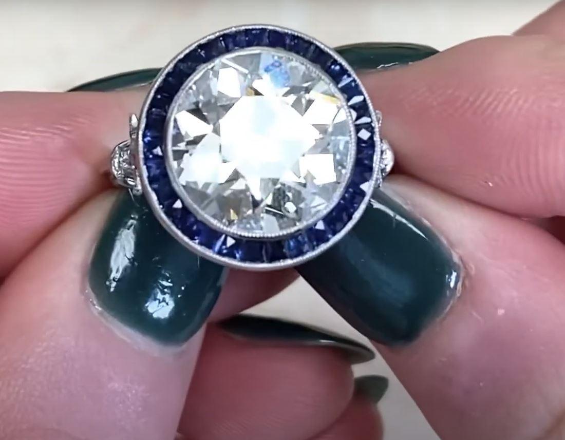 UGL 5.72ct Old European Cut Diamond Engagement Ring, Sapphire Halo, Platinum For Sale 1