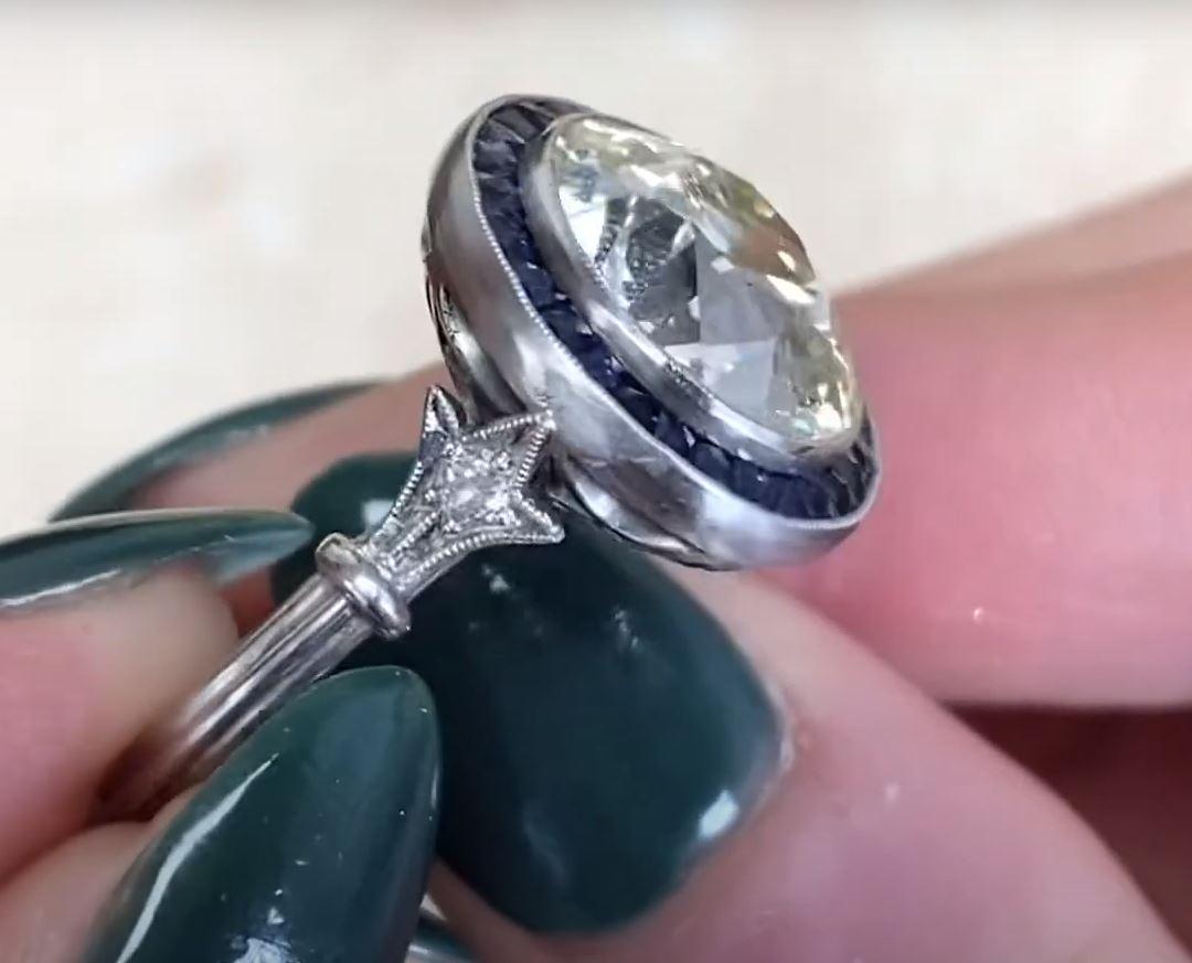 UGL 5.72ct Old European Cut Diamond Engagement Ring, Sapphire Halo, Platinum For Sale 2