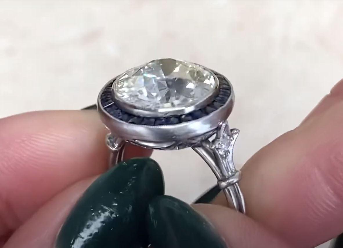 UGL 5.72ct Old European Cut Diamond Engagement Ring, Sapphire Halo, Platinum For Sale 3