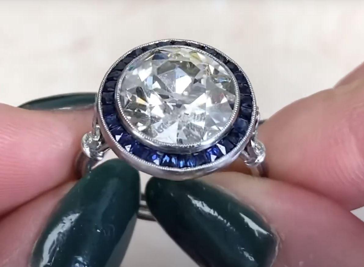 UGL 5.72ct Old European Cut Diamond Engagement Ring, Sapphire Halo, Platinum For Sale 4