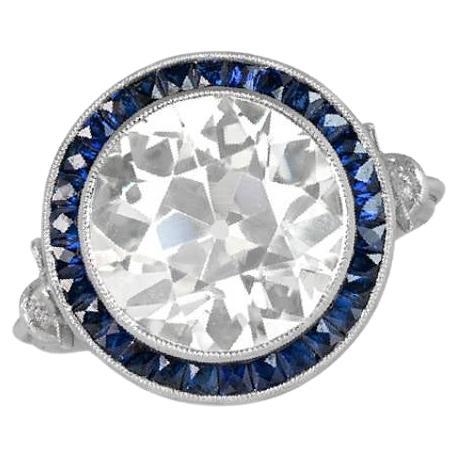 UGL 5.72ct Old European Cut Diamond Engagement Ring, Sapphire Halo, Platinum For Sale