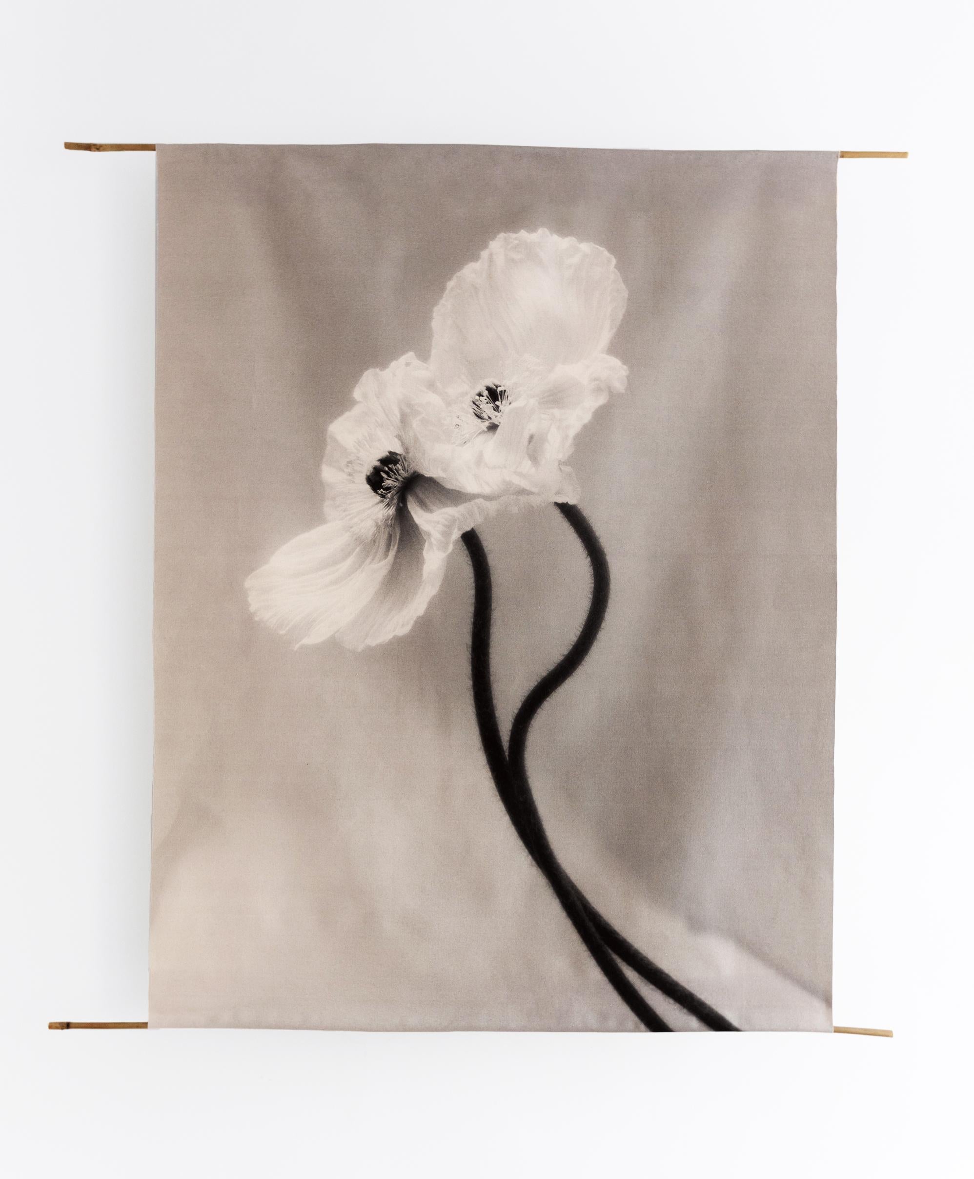 Ugne Pouwell Black and White Photograph - Coupled Poppies - organic cotton canvas scroll on bamboo, limited edition 2 of 5