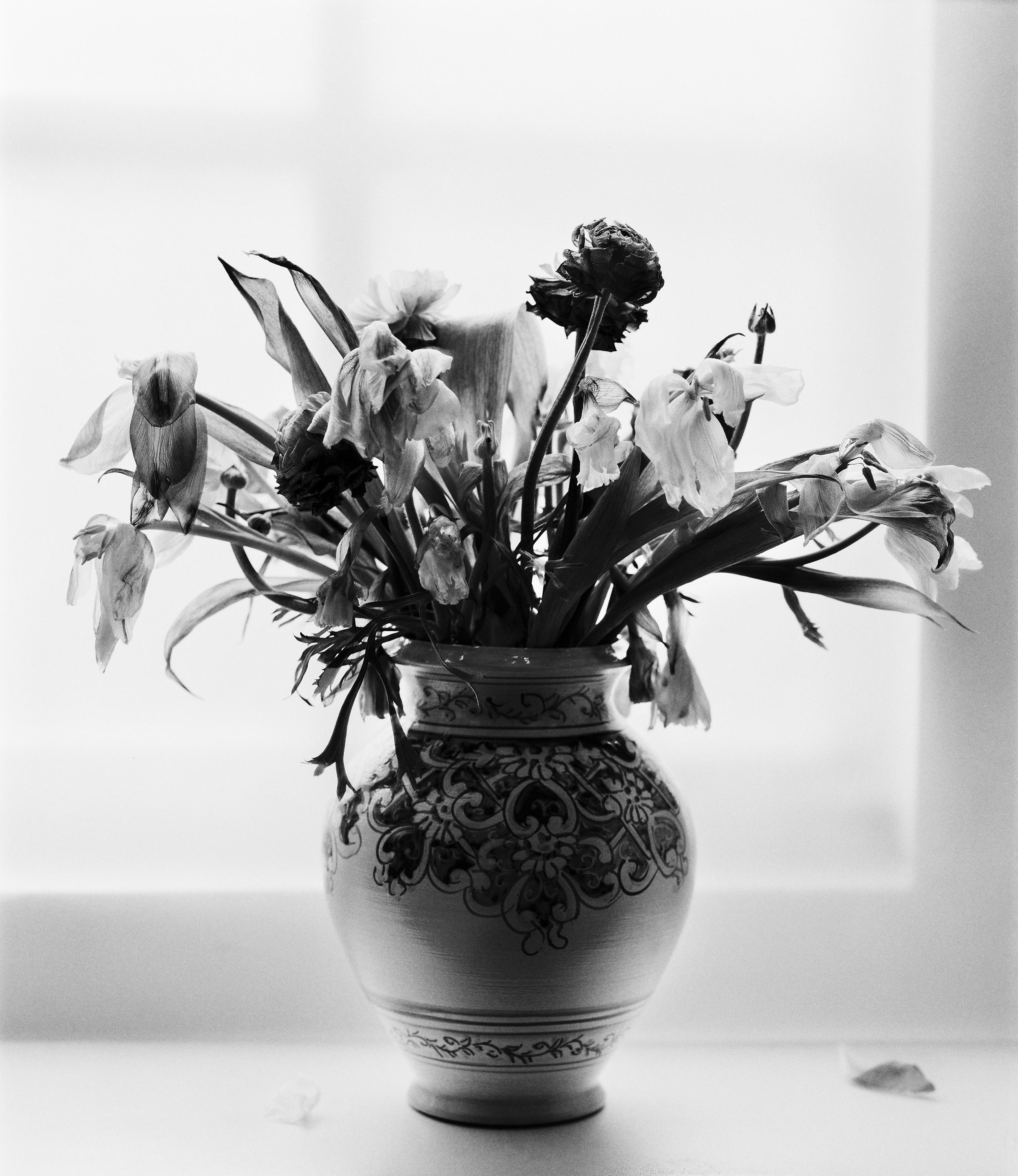 Ugne Pouwell Black and White Photograph – Dead Blumen, Schwarz-Weiß- analoge Blumenfotografie, limitierte Auflage von 20 Stück