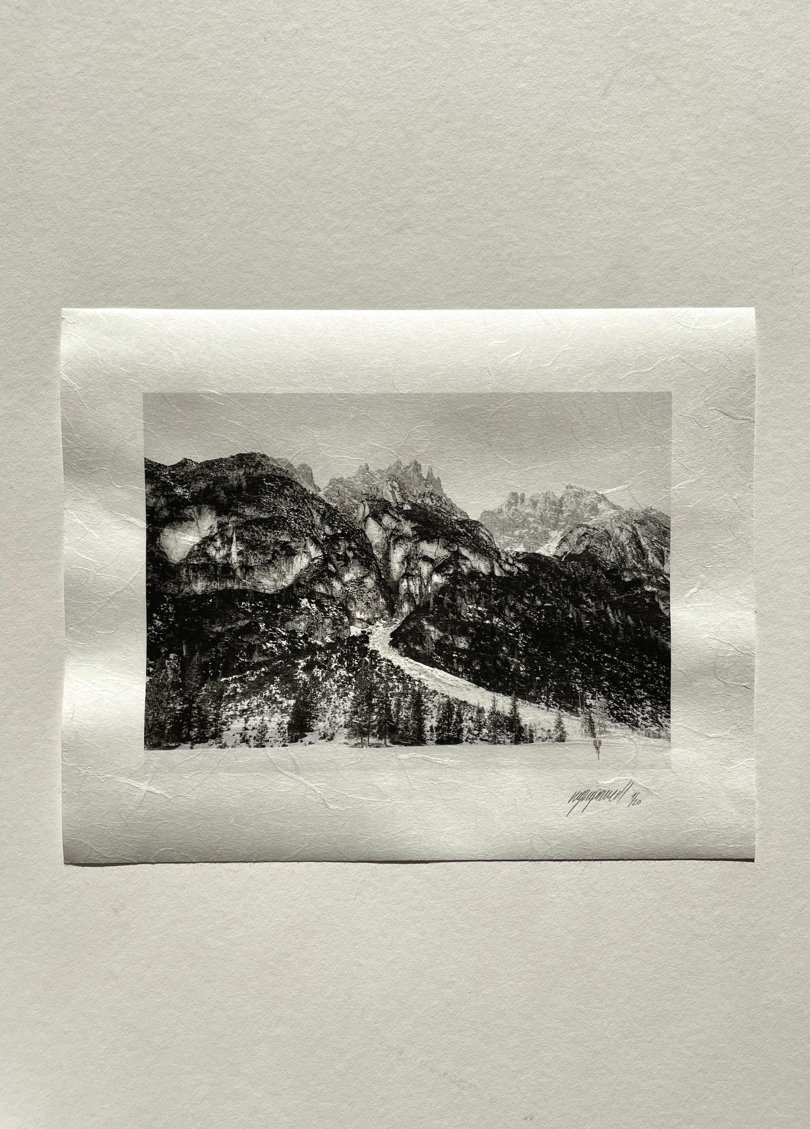 Dolomites No.3, 2024

It is a black and white film photograph of Dolomite mountains, made using a 4x5 Large format camera Linhof. Ugne Pouwell does all the processing and printing in the studio.

From a limited edition of 20.

Printed on Unryu Thin