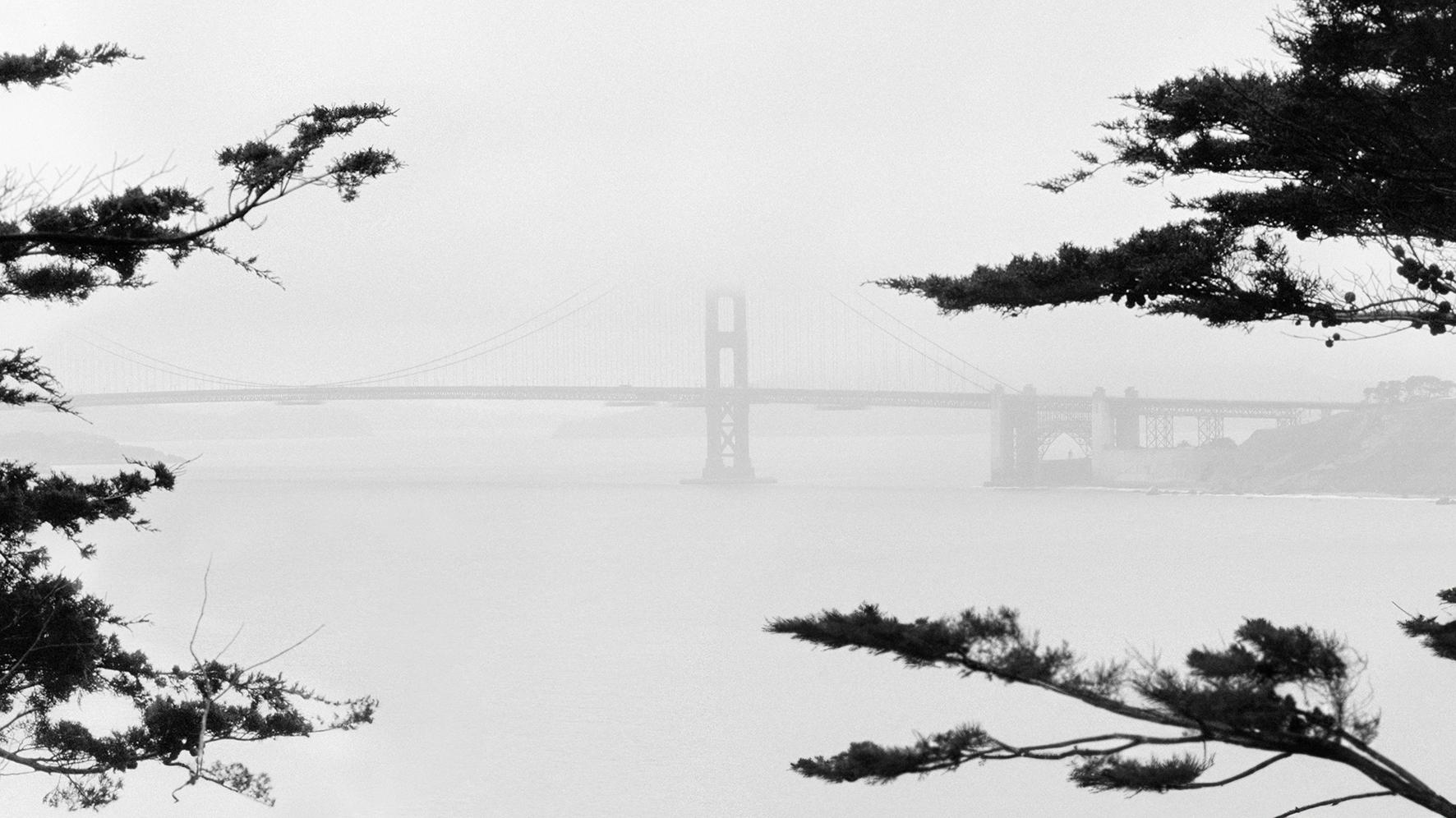 Ugne Pouwell Black and White Photograph – Golden Gate Bridge Lands End No.2 – Schwarz-Weiß-Landschaftsfotografie
