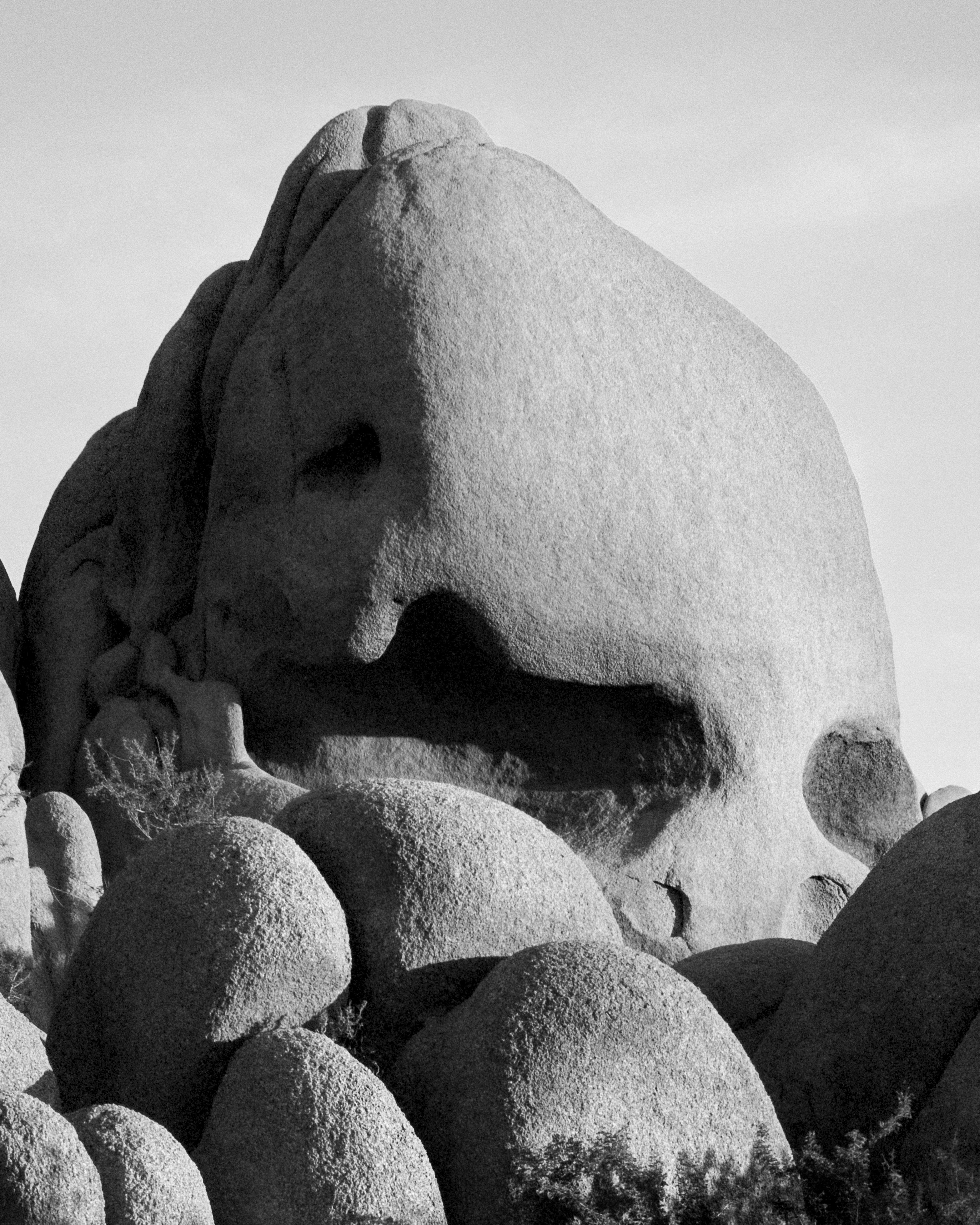 Jumbo-Bergstein Schädel - analoge schwarze und weiße Wüstenfelsen  – Photograph von Ugne Pouwell