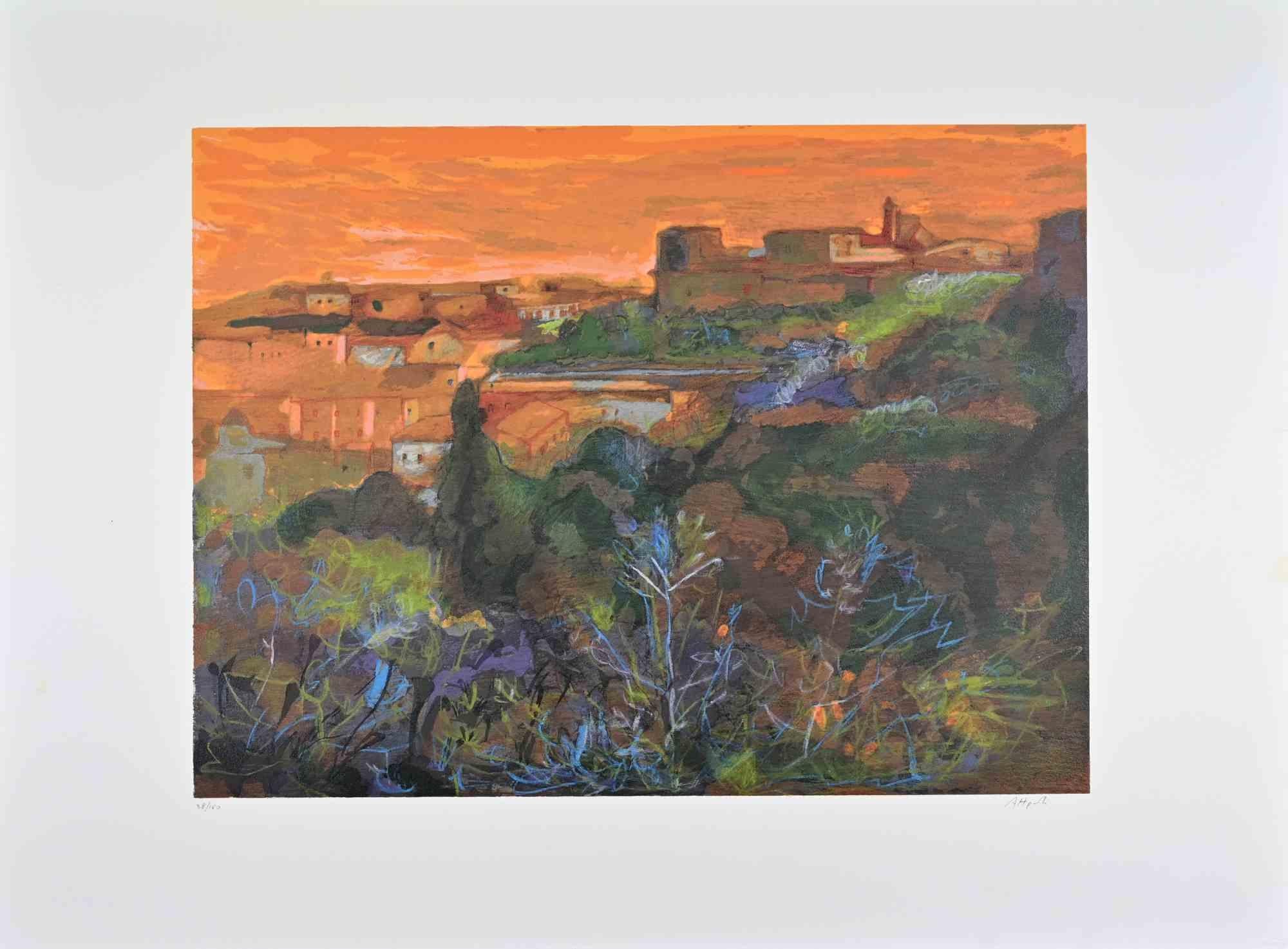 Landscape at Sunset - Lithograph by Ugo Attardi - 1970s