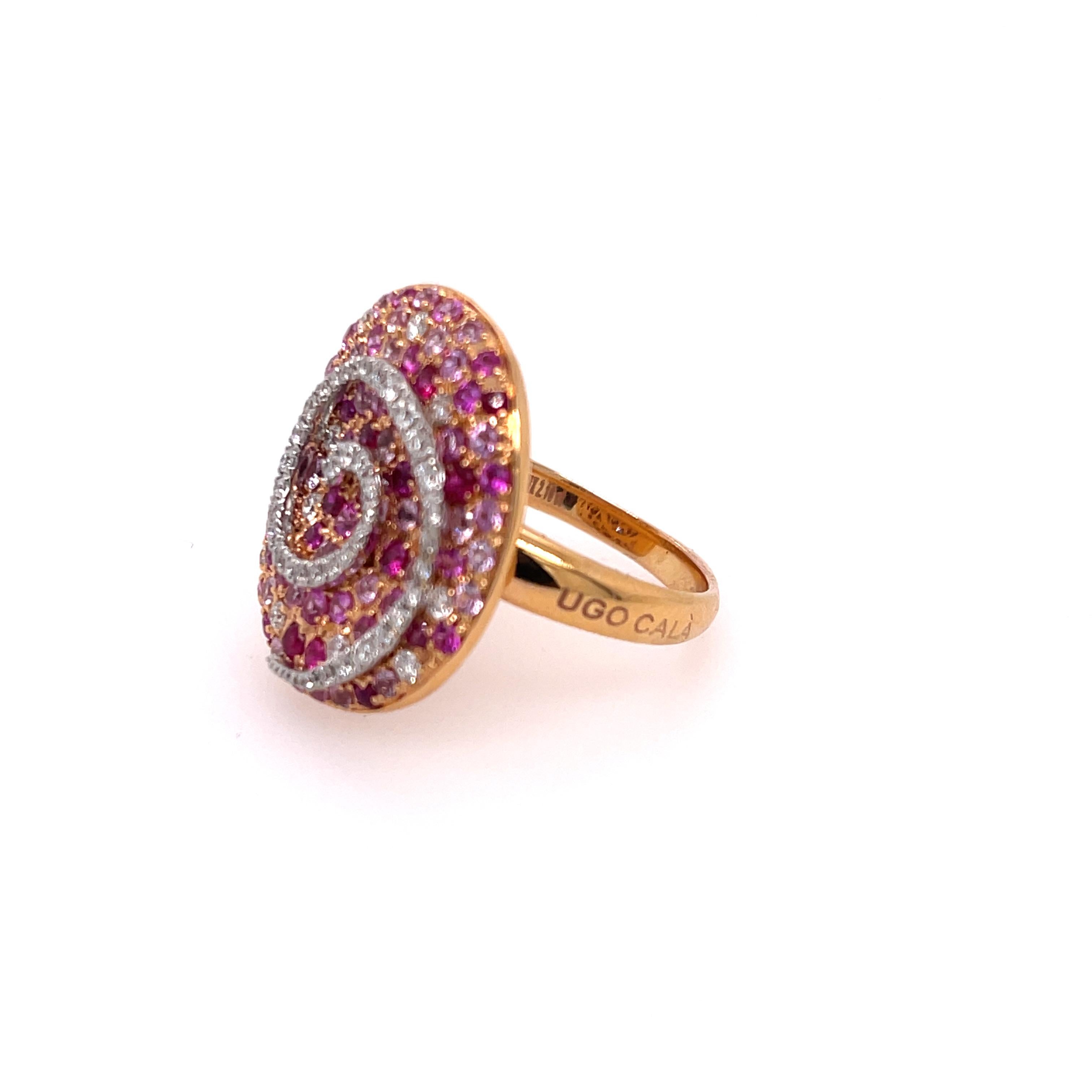 Round Cut Ugo Cala Diamond, Ruby, and Sapphire 18K Ring For Sale