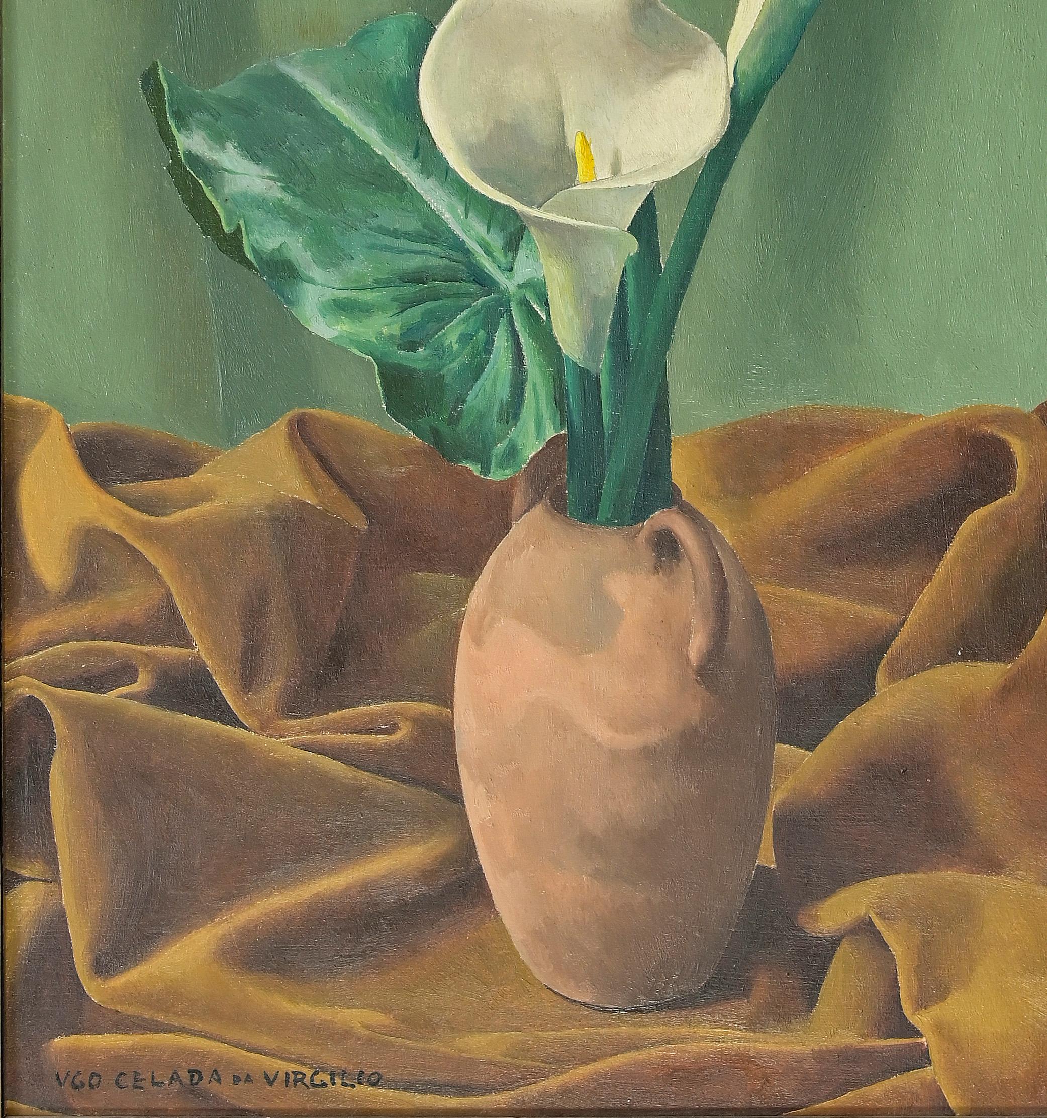 Nature morte avec nénuphar - Huile sur toile d'Ugo Celada da Virgilio - années 1940 en vente 1