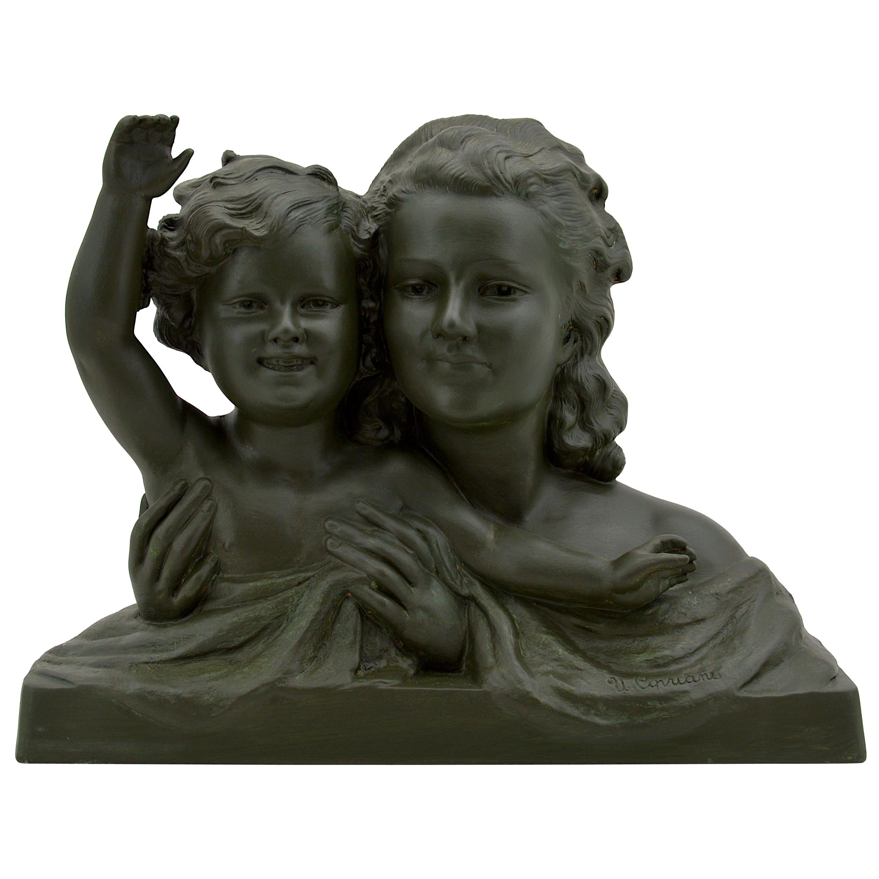 Ugo Cipriani French Large Art Deco Terracotta Mother and Child Sculpture, 1930s