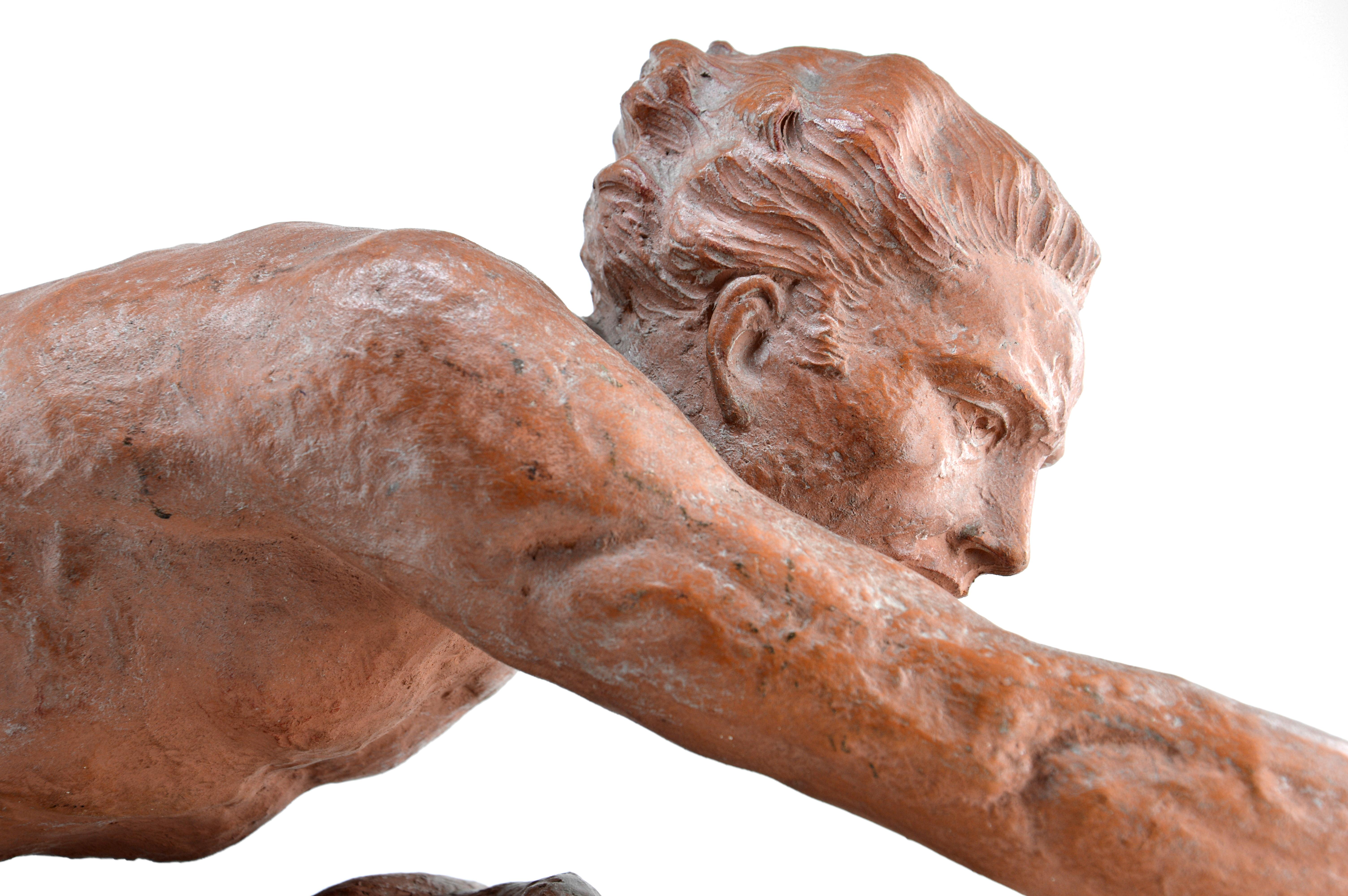 French Art Deco terracotta sculpture by Ugo Cipriani (1887-1960), France, 1920s. A man operating a rudder. Measurements : Width : 31