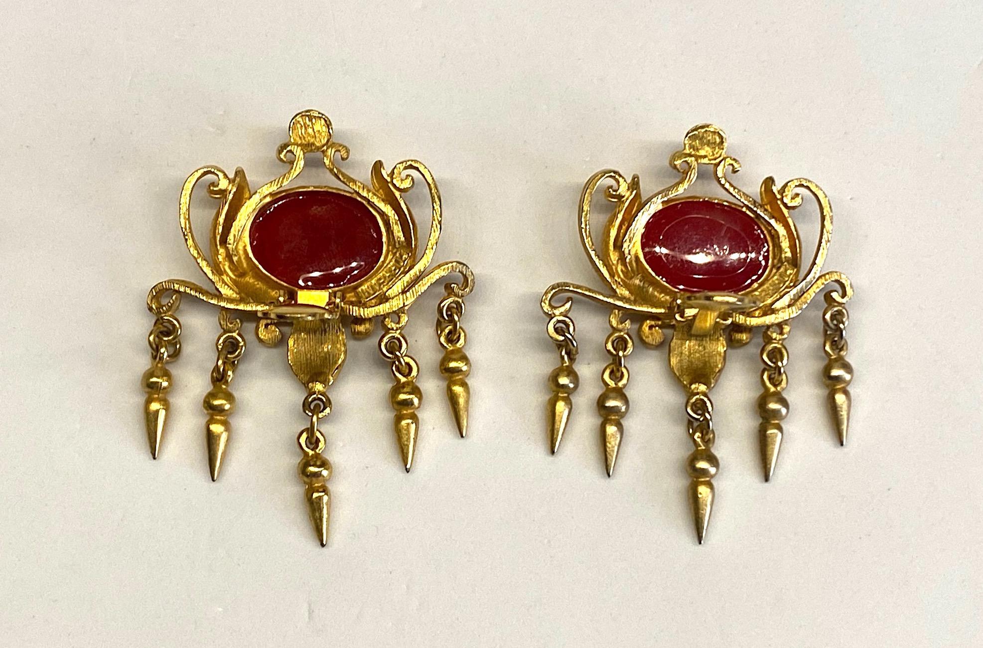 Women's Ugo Correani 1980s Gold & Red Cabochon Earrings