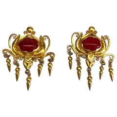Ugo Correani 1980s Gold & Red Cabochon Earrings