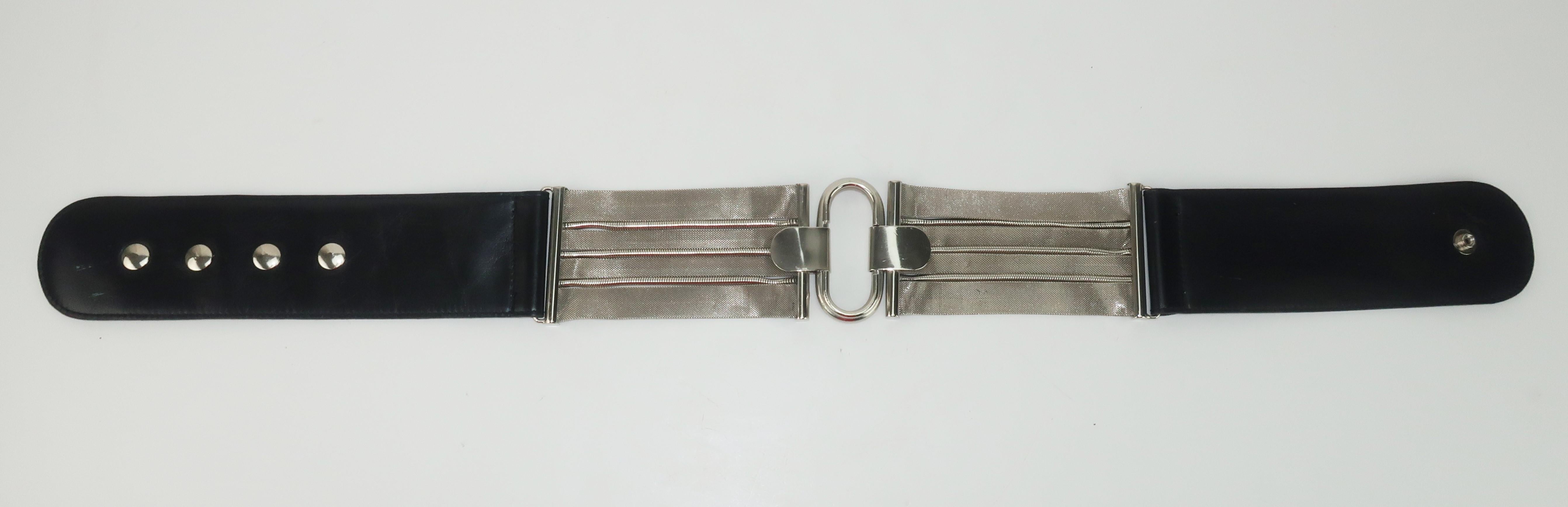 Gray Ugo Correani Silver Mesh & Black Leather Corset Belt for Genny, 1970's