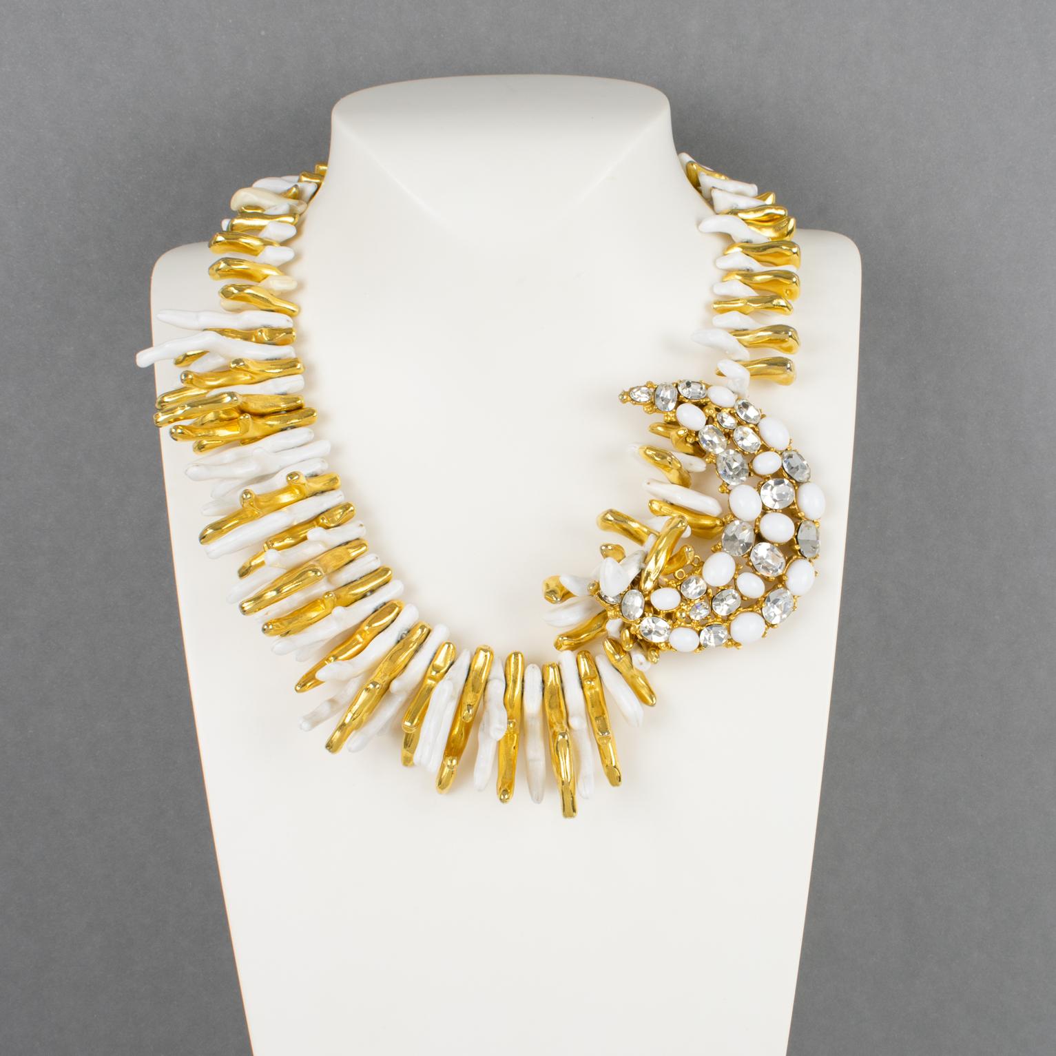 Modern Ugo Correani White and Gilded Faux-Coral Necklace with Jeweled Pendant For Sale