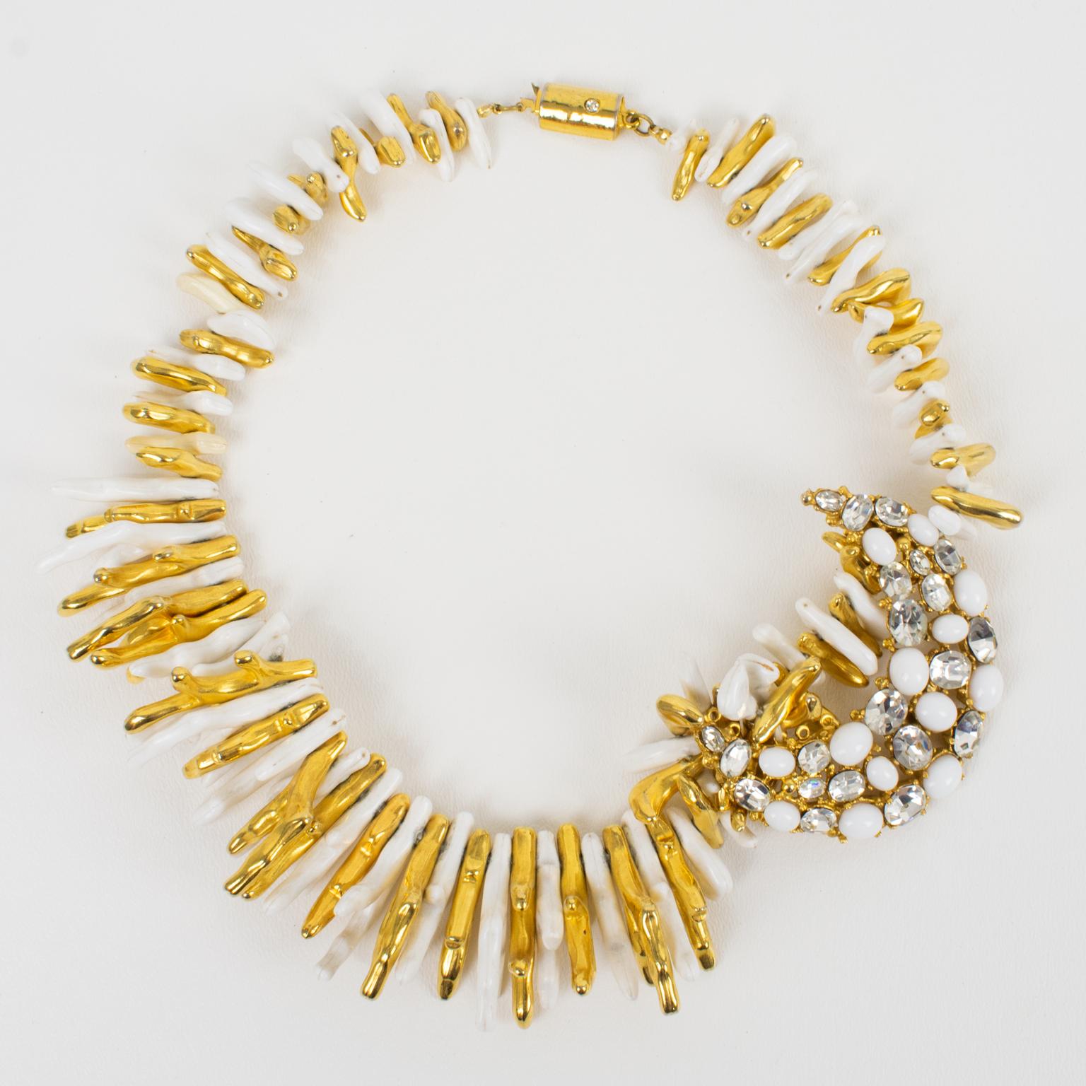 Ugo Correani Gold and White Choker Necklace with Jeweled Medallion In Good Condition For Sale In Atlanta, GA