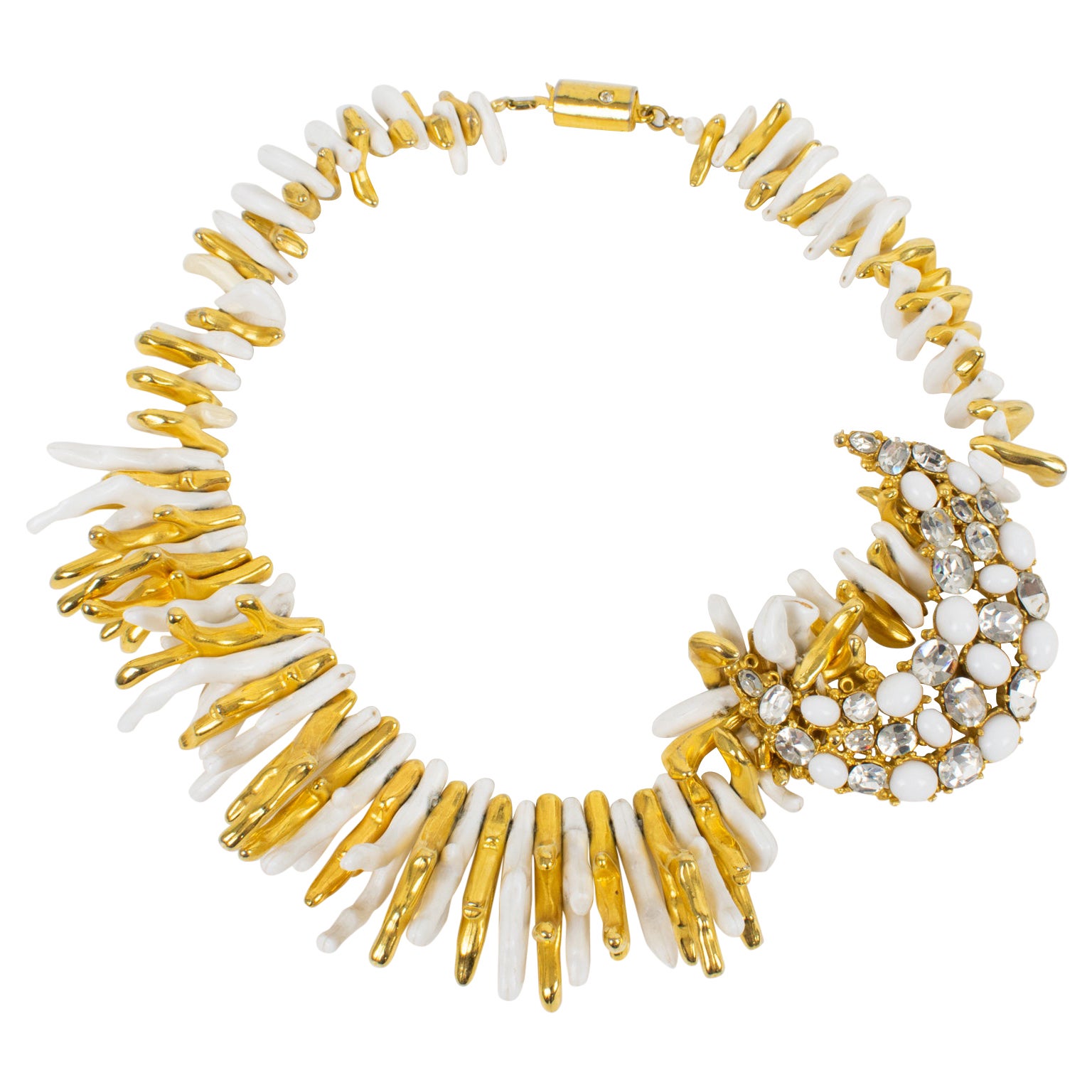 Ugo Correani Gold and White Choker Necklace with Jeweled Medallion For Sale