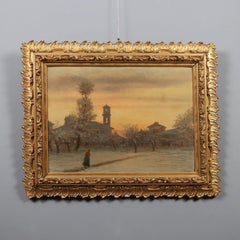 Vista del campo al atardecer Óleo sobre cartón. Firmado abajo a la derecha principios del siglo XX