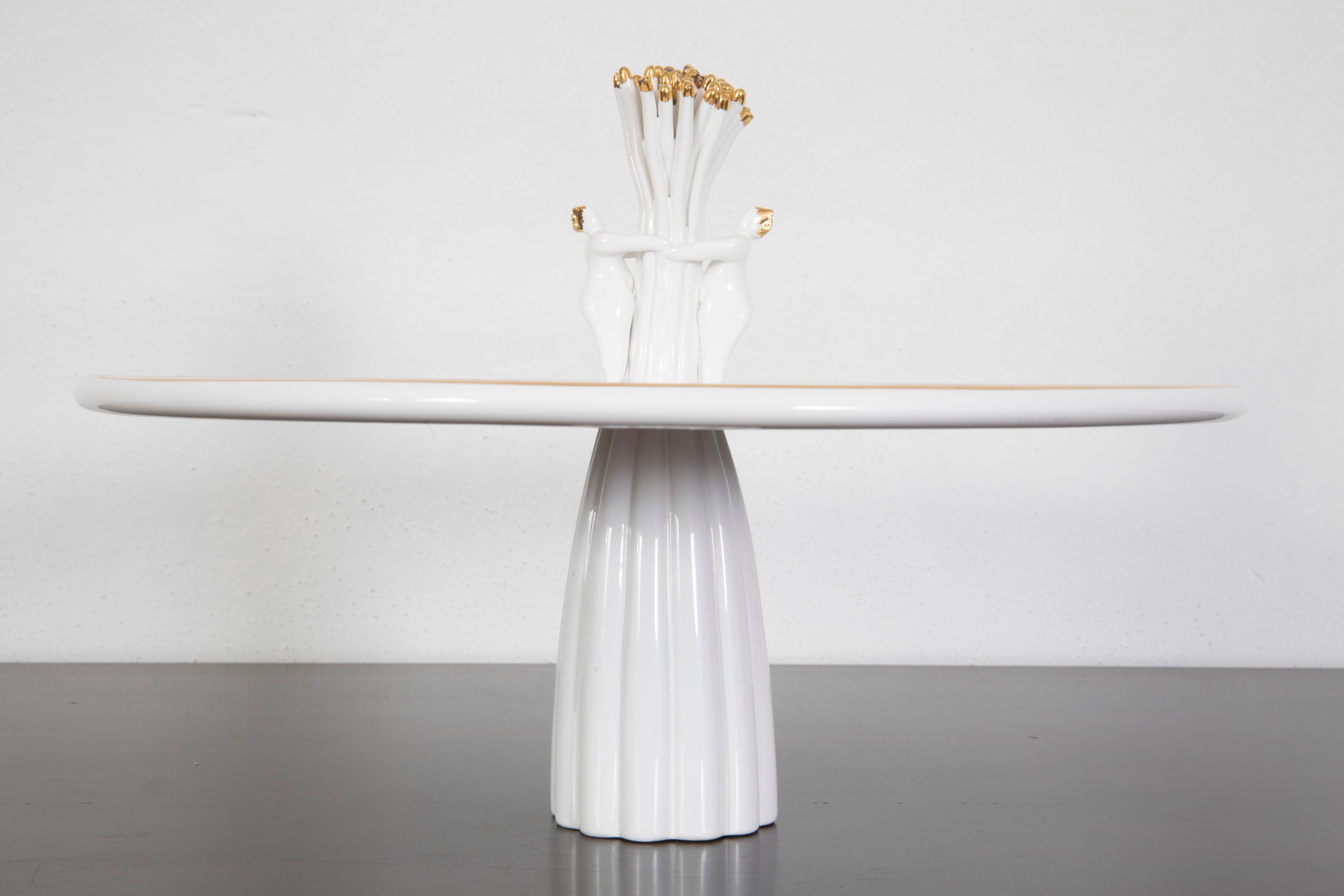 Post-Modern Ugo La Pietra Ceramic Serving Plate White and Gold for Ceranima, 2000s For Sale