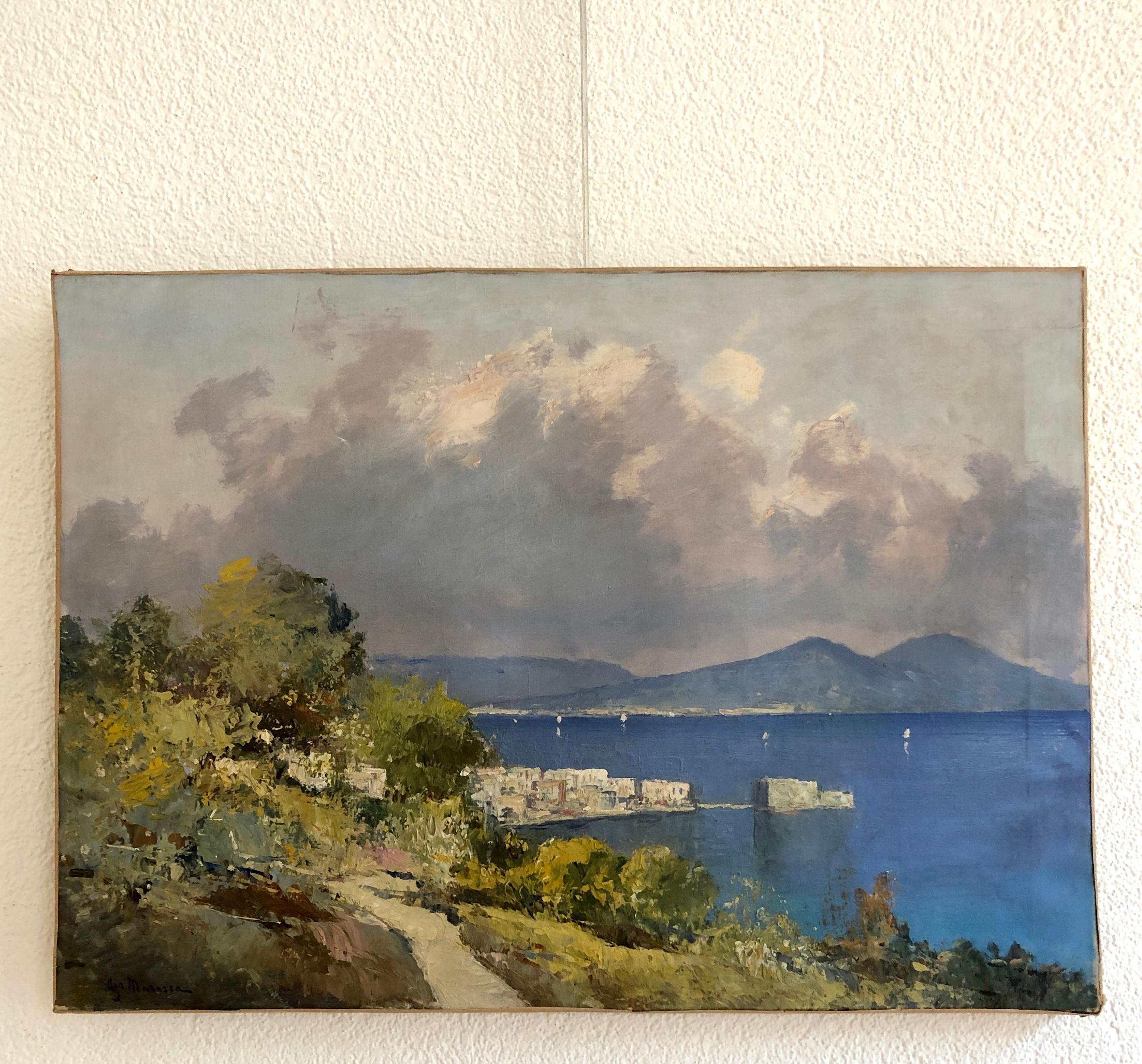 Bay of Naples and view of Vesuvius - Painting by Ugo Maresca