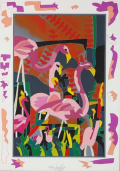 Vintage Ugo Nespolo (1941) - Fenicotteri rosa - screen printing on paper