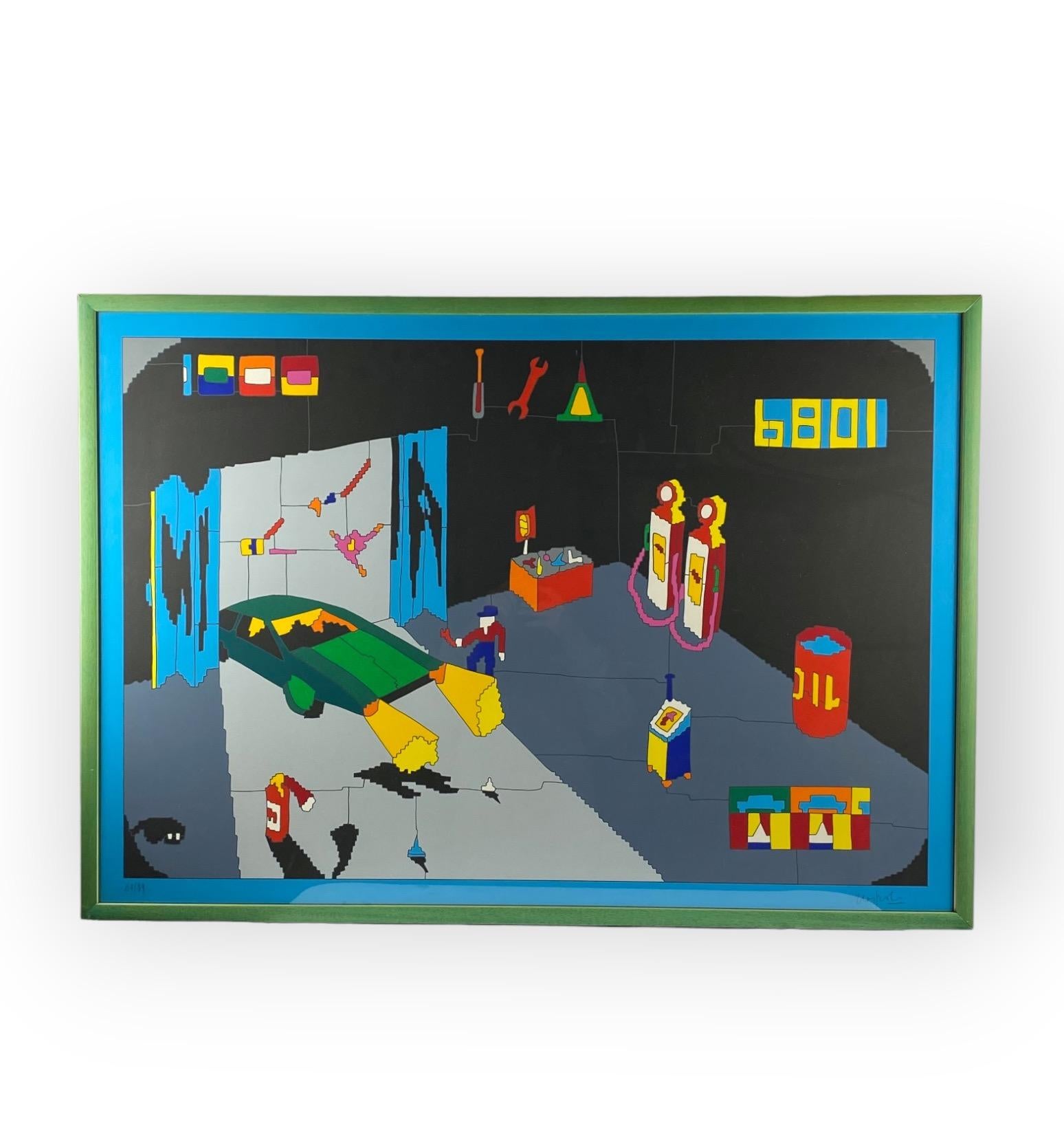 Late 20th Century Ugo Nespolo, Garage serigraph, Signed 60/99, Italy 1980s For Sale