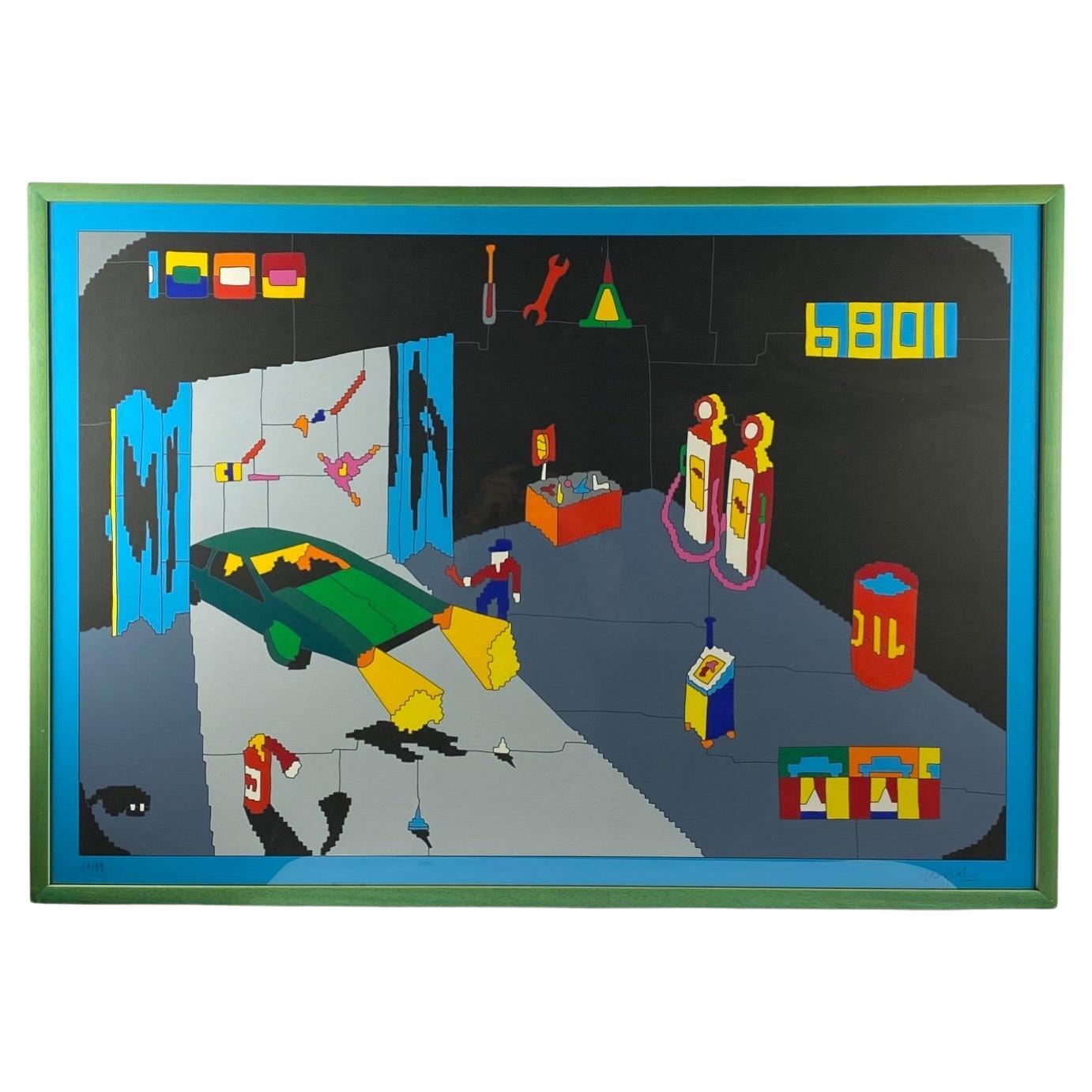 Ugo Nespolo, Garage serigraph, Signed 60/99, Italy 1980s For Sale