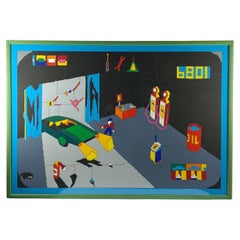 Ugo Nespolo, Garage serigraph, Signed 60/99, Italy 1980s