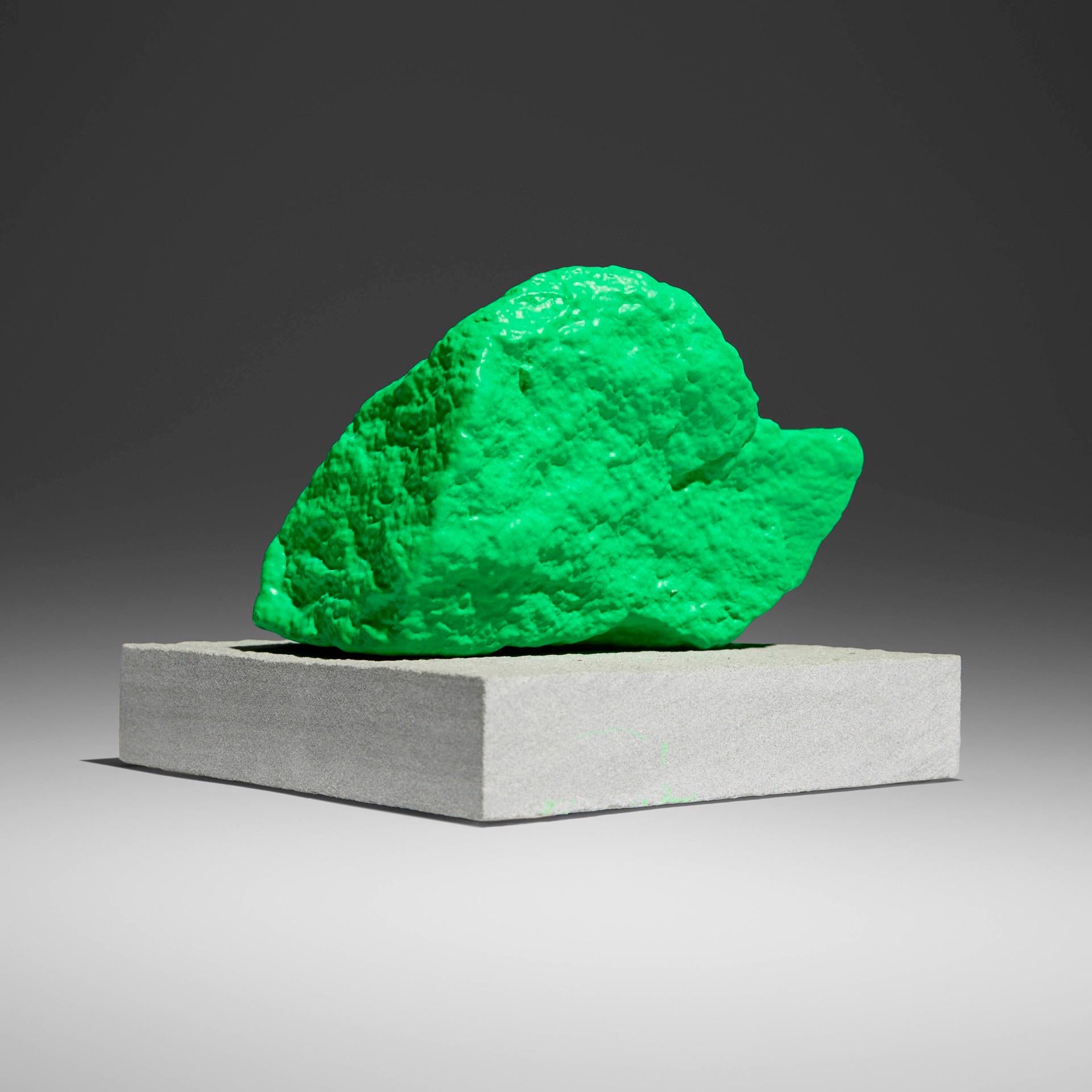 <p>Ugo Rondinone (1964)<br />Small Green Mountain</p><p> </p><p>signed with the artist's initials, titled and dated "Small Green Mountain u.r. 2016" on the underside<br />painted stone on concrete base</p><p>Sculpture: 3 1/2 × 5 7/8 × 3 1/2 in (9 ×